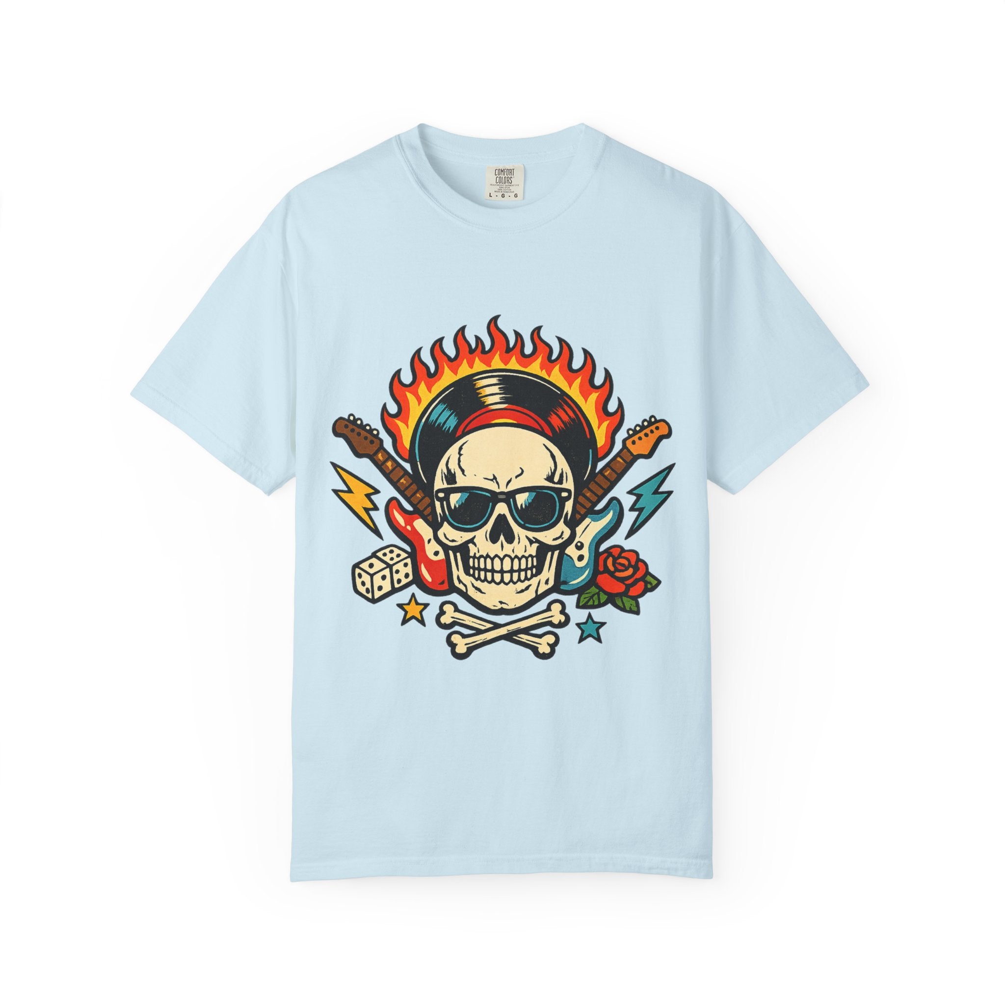 Rock Skull Graphic T-Shirt — Flaming Skull, Guitars & Dice Tattoo Art