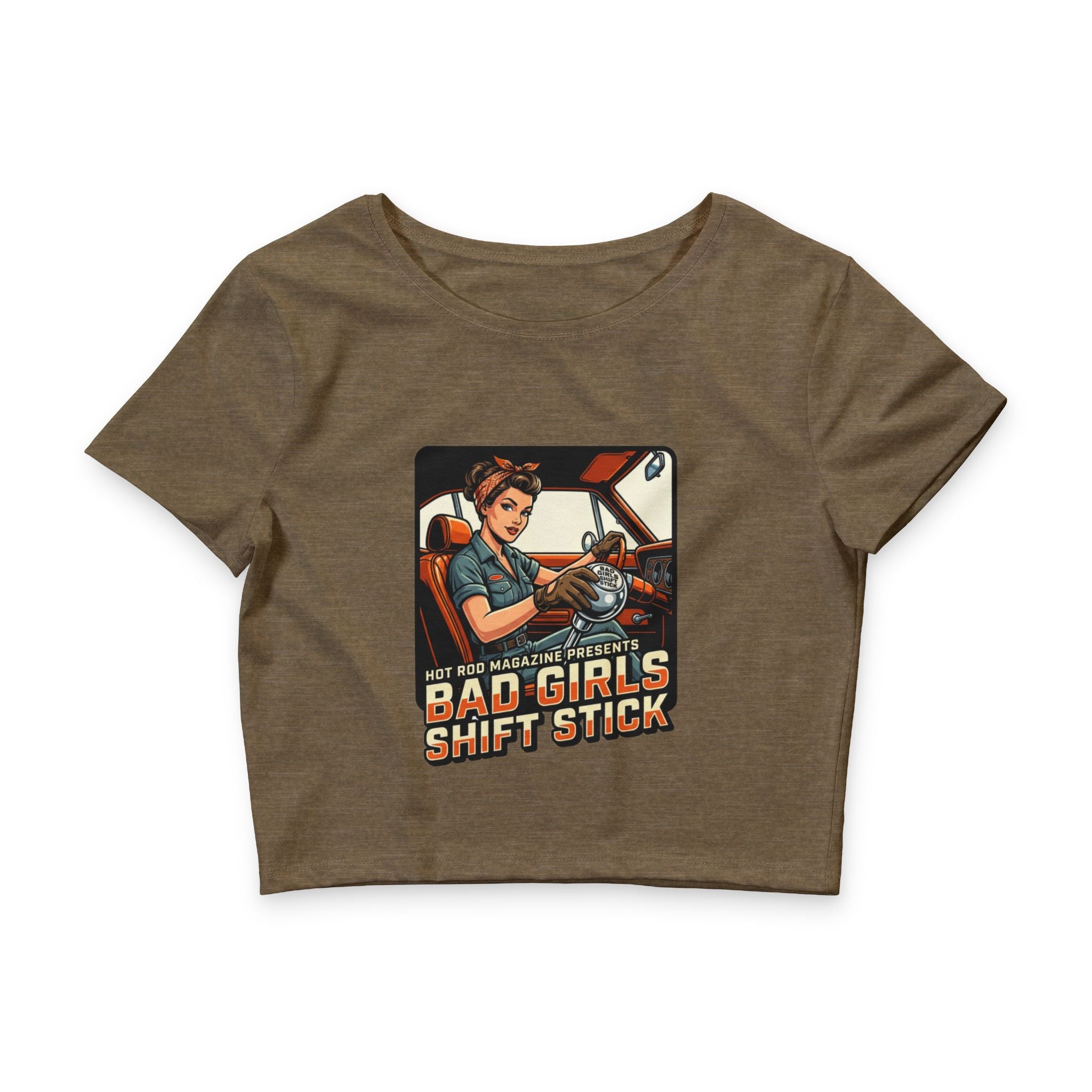 Bad Girls Shift Stick Crop Tee — Retro Rosie the Riveter Racing Graphic