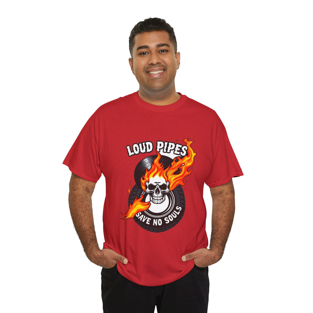 Loud Pipes Save No Souls Graphic Tee — Flaming Skull Vinyl Shirt