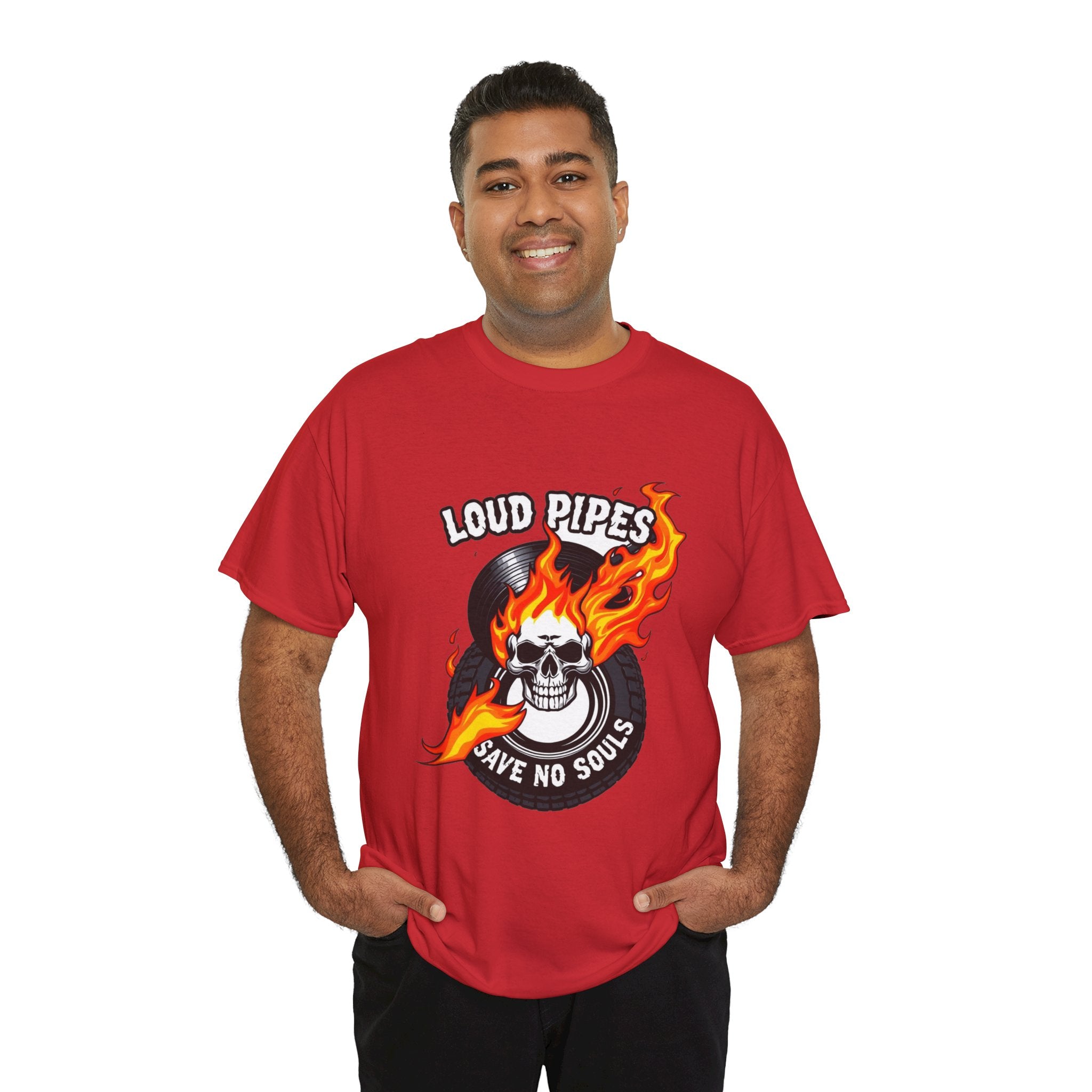 Loud Pipes Save No Souls Graphic Tee — Flaming Skull Vinyl Shirt