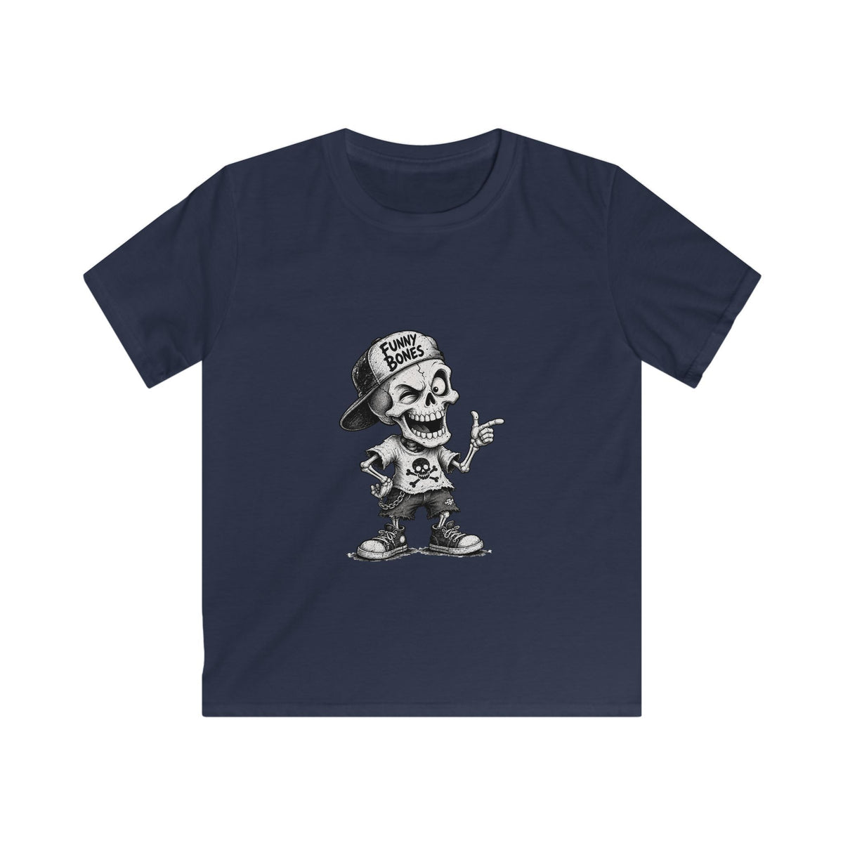 Kids T‑Shirt — Skateboard Skeleton Graphic "Funny Bones"