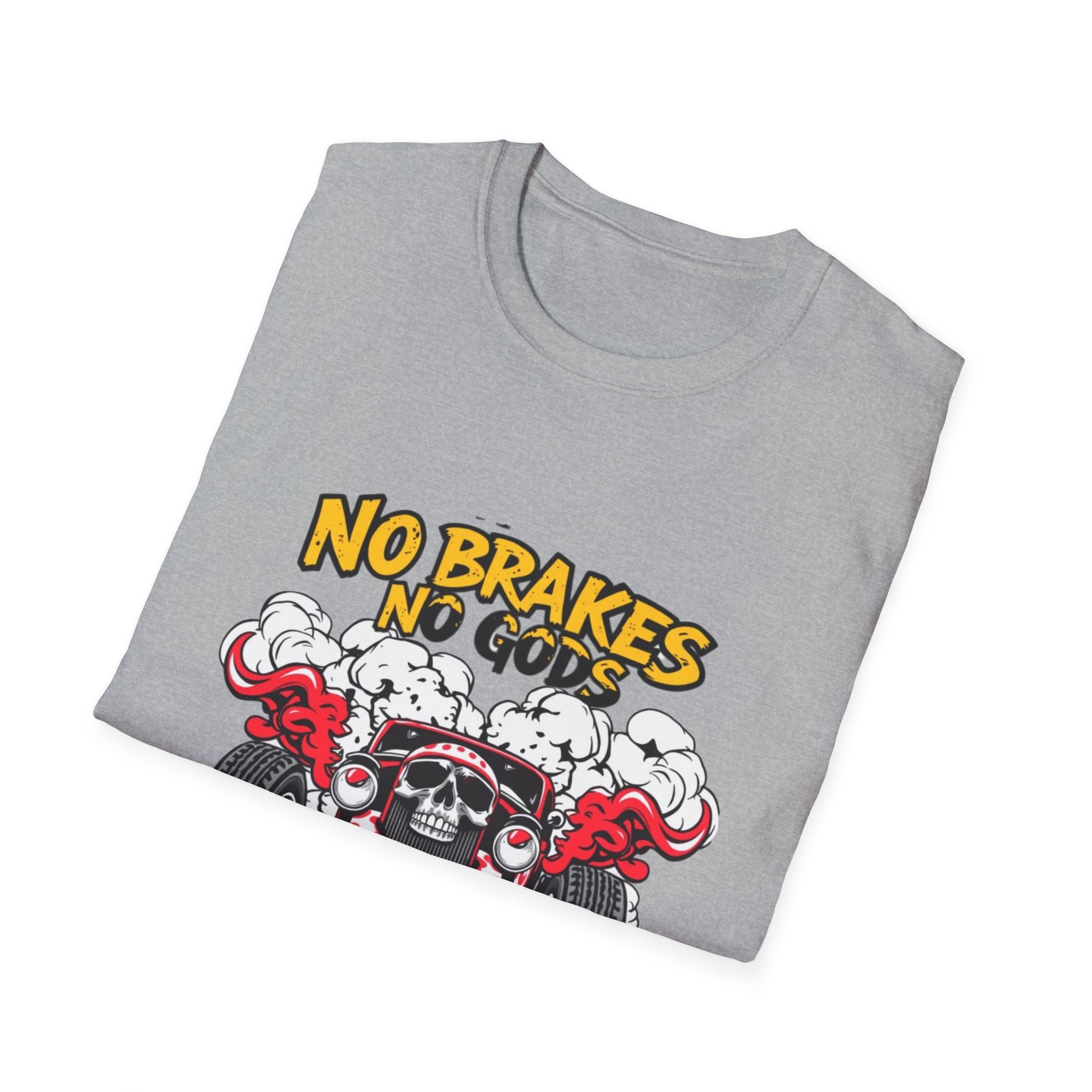 No Brakes No Gods Graphic T-Shirt — Vintage Skull Hot Rod Racing Tee
