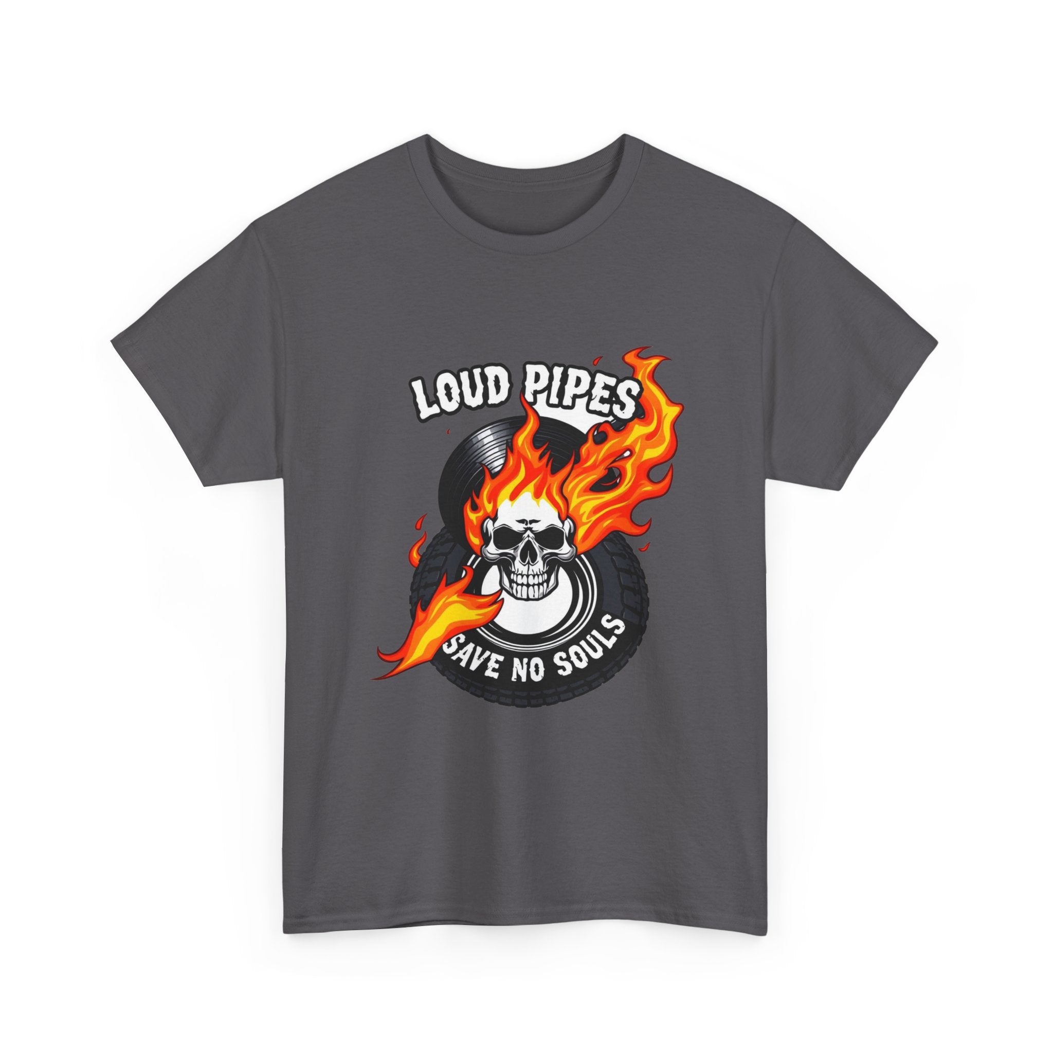 Loud Pipes Save No Souls Graphic Tee — Flaming Skull Vinyl Shirt
