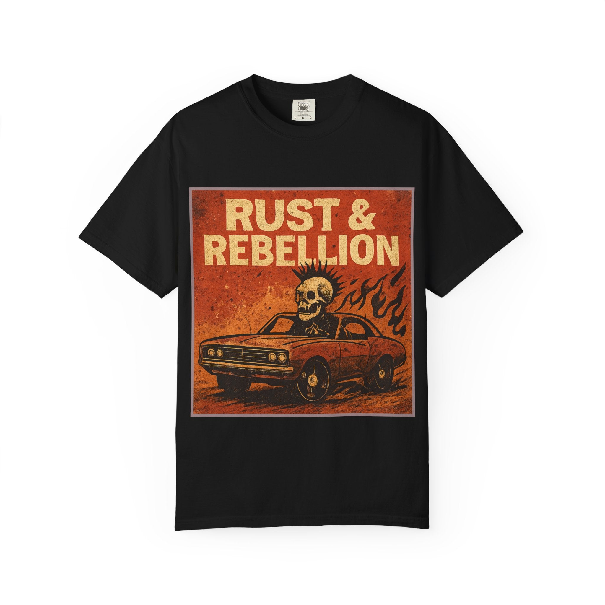 Rust & Rebellion Graphic T-Shirt — Skull Muscle Car Vintage Poster Design
