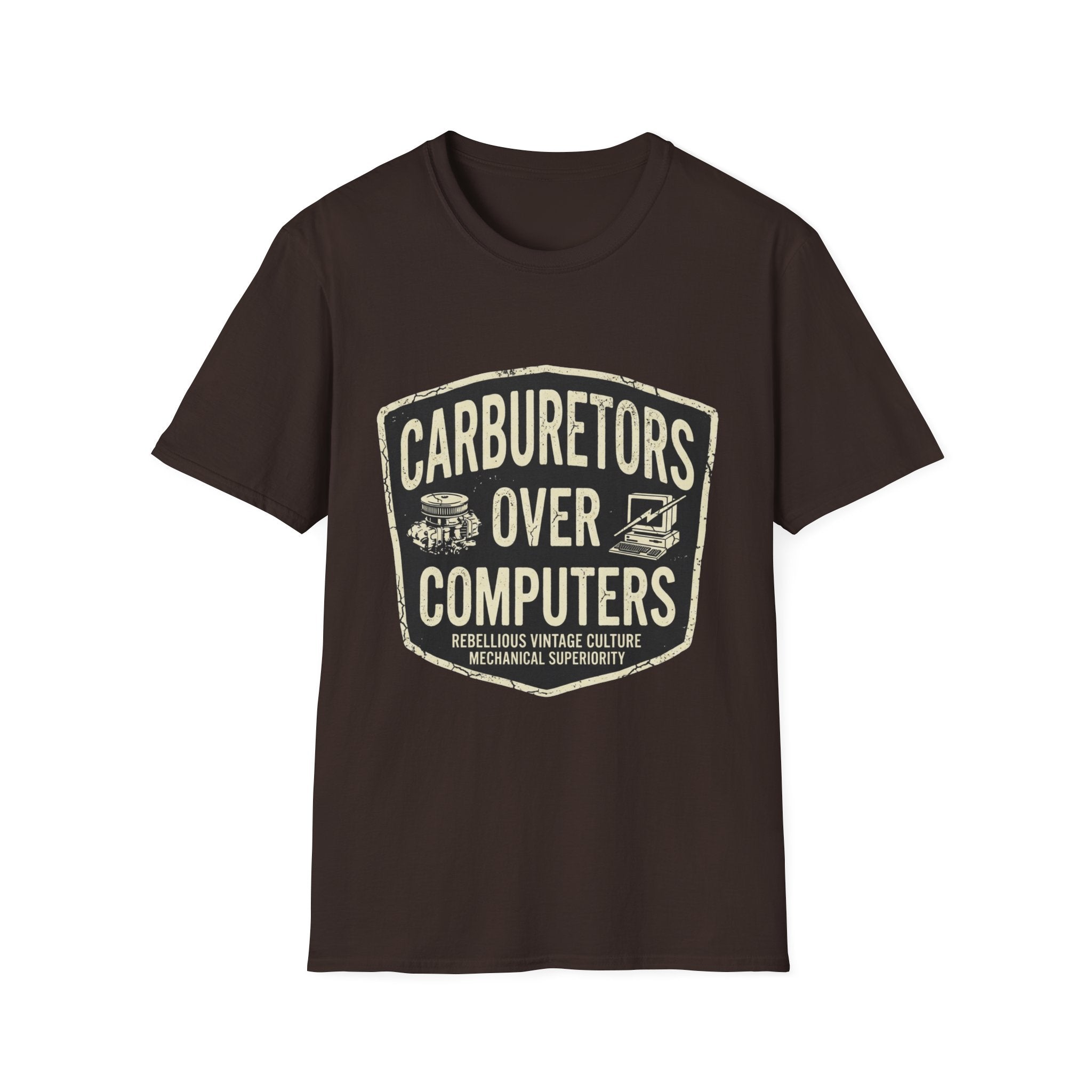 Carburetors Over Computers T-Shirt — Vintage Mechanic Pride Tee