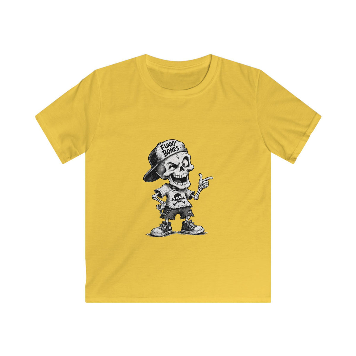 Kids T‑Shirt — Skateboard Skeleton Graphic "Funny Bones"