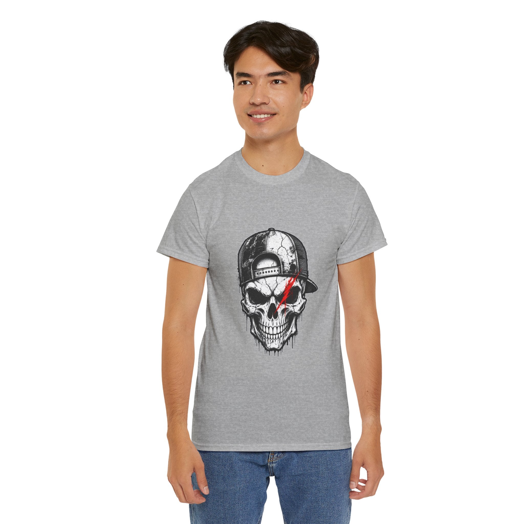 Skull Cap T-Shirt — Grunge Skull with Red Eye Slash Graphic