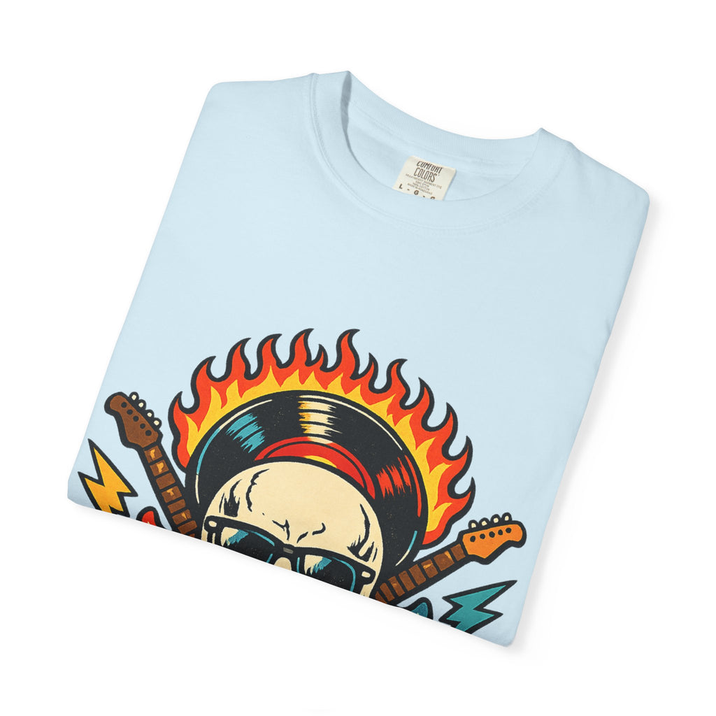 Rock Skull Graphic T-Shirt — Flaming Skull, Guitars & Dice Tattoo Art