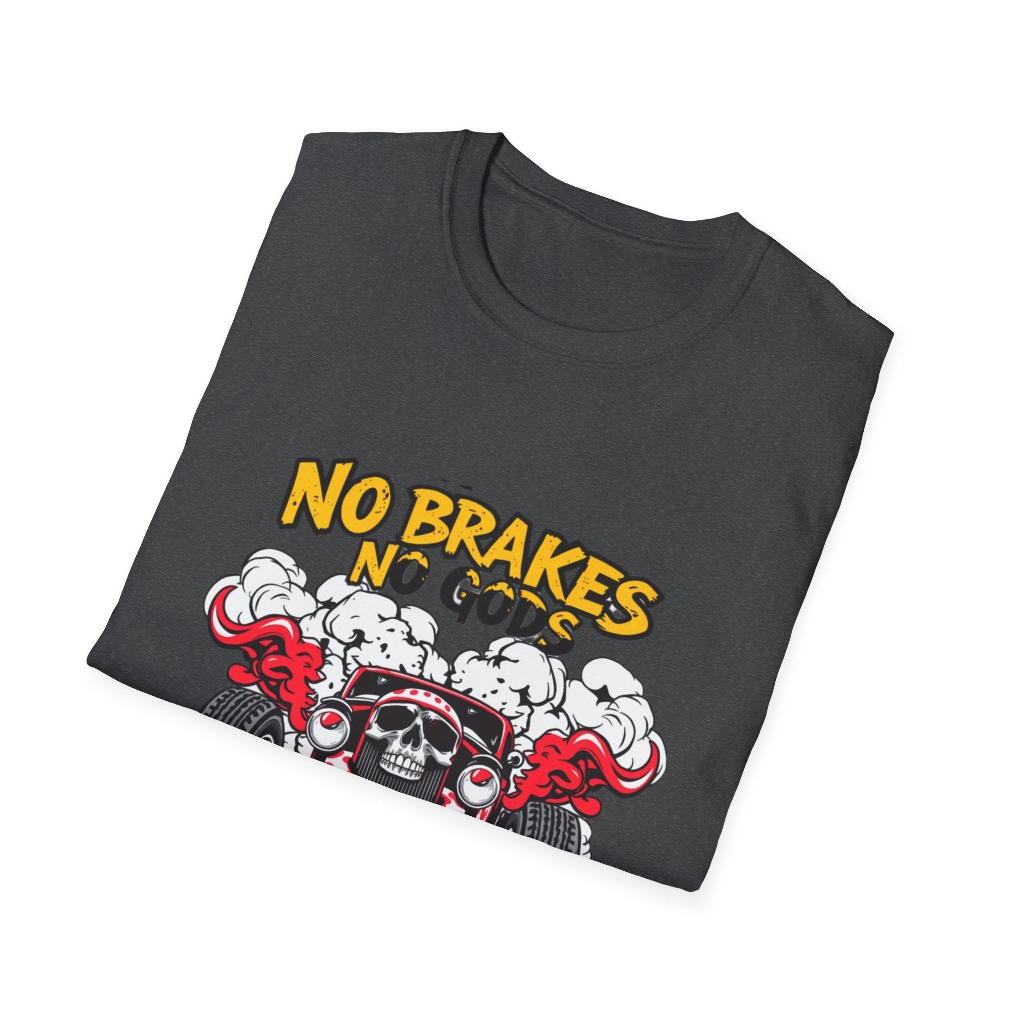 No Brakes No Gods Graphic T-Shirt — Vintage Skull Hot Rod Racing Tee