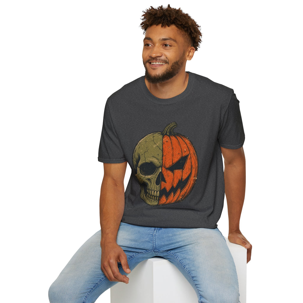 Pumpkin Skull T-Shirt — Half Jack-O’-Lantern Halloween Tee