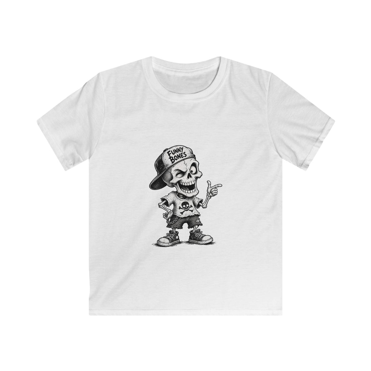 Kids T‑Shirt — Skateboard Skeleton Graphic "Funny Bones"