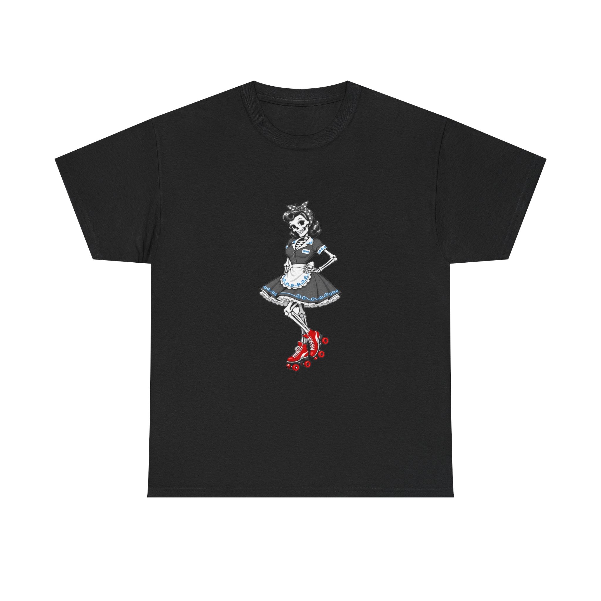 Vintage Gothic Doll T‑Shirt — Red Roller Skate Skeleton Girl Tee