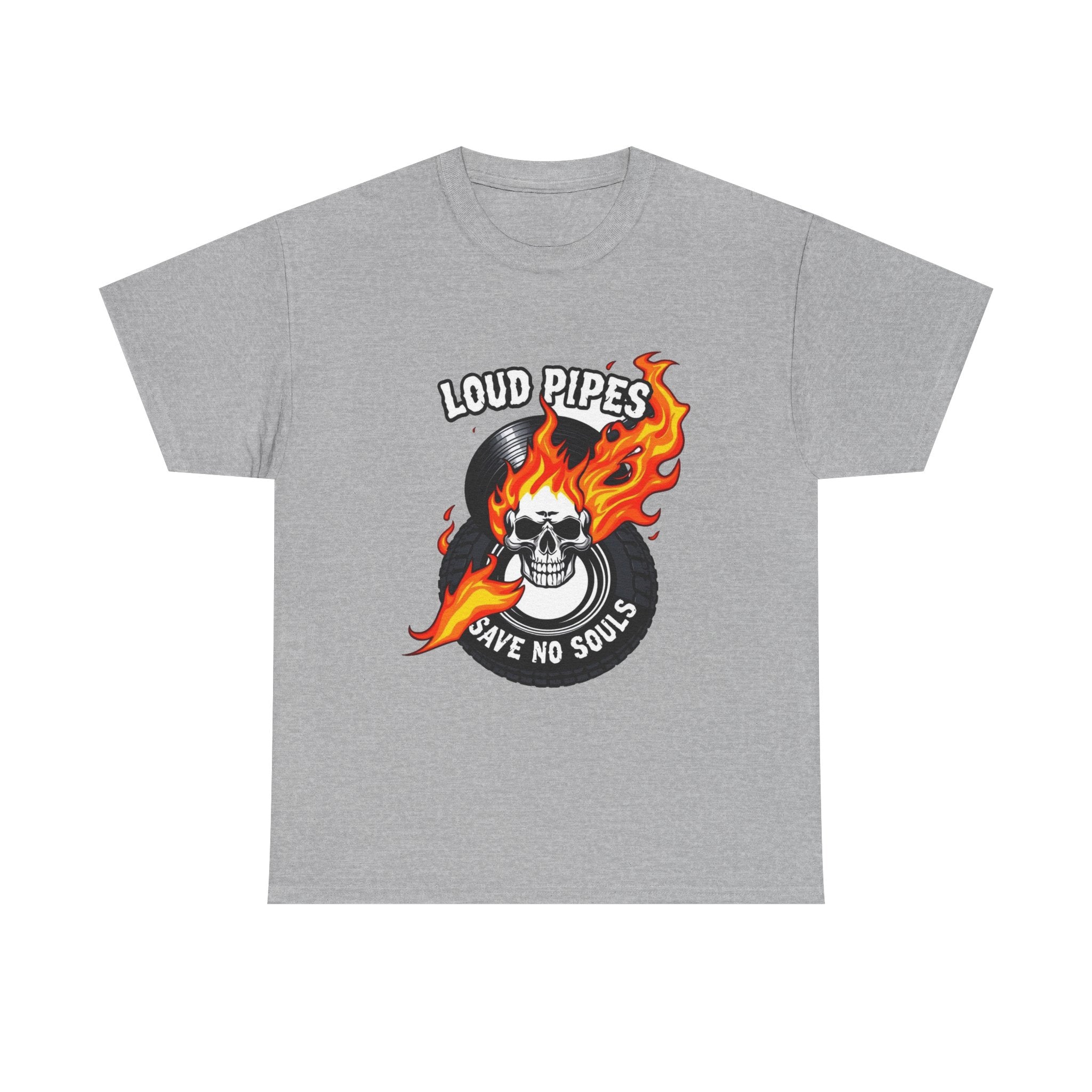 Loud Pipes Save No Souls Graphic Tee — Flaming Skull Vinyl Shirt