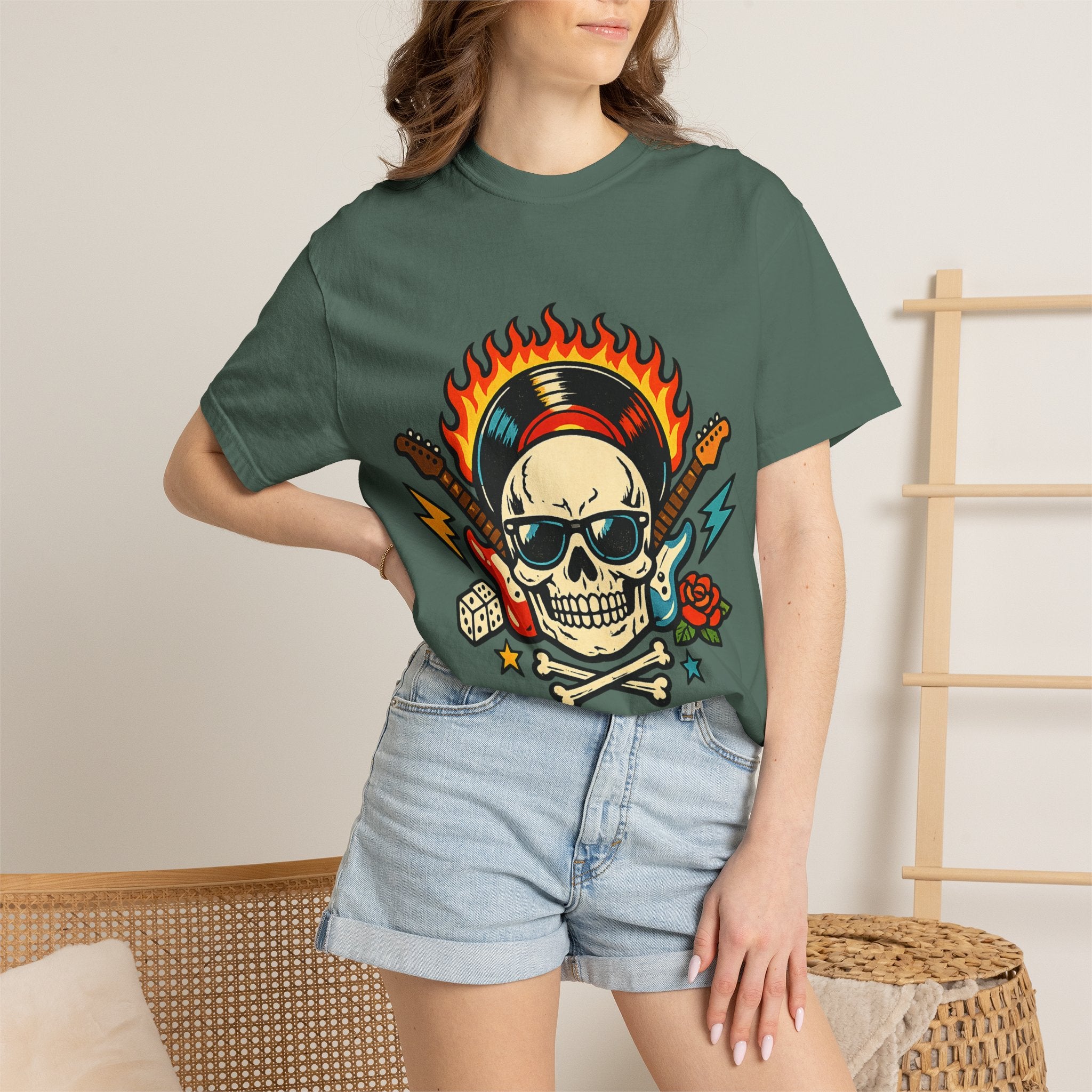 Rock Skull Graphic T-Shirt — Flaming Skull, Guitars & Dice Tattoo Art