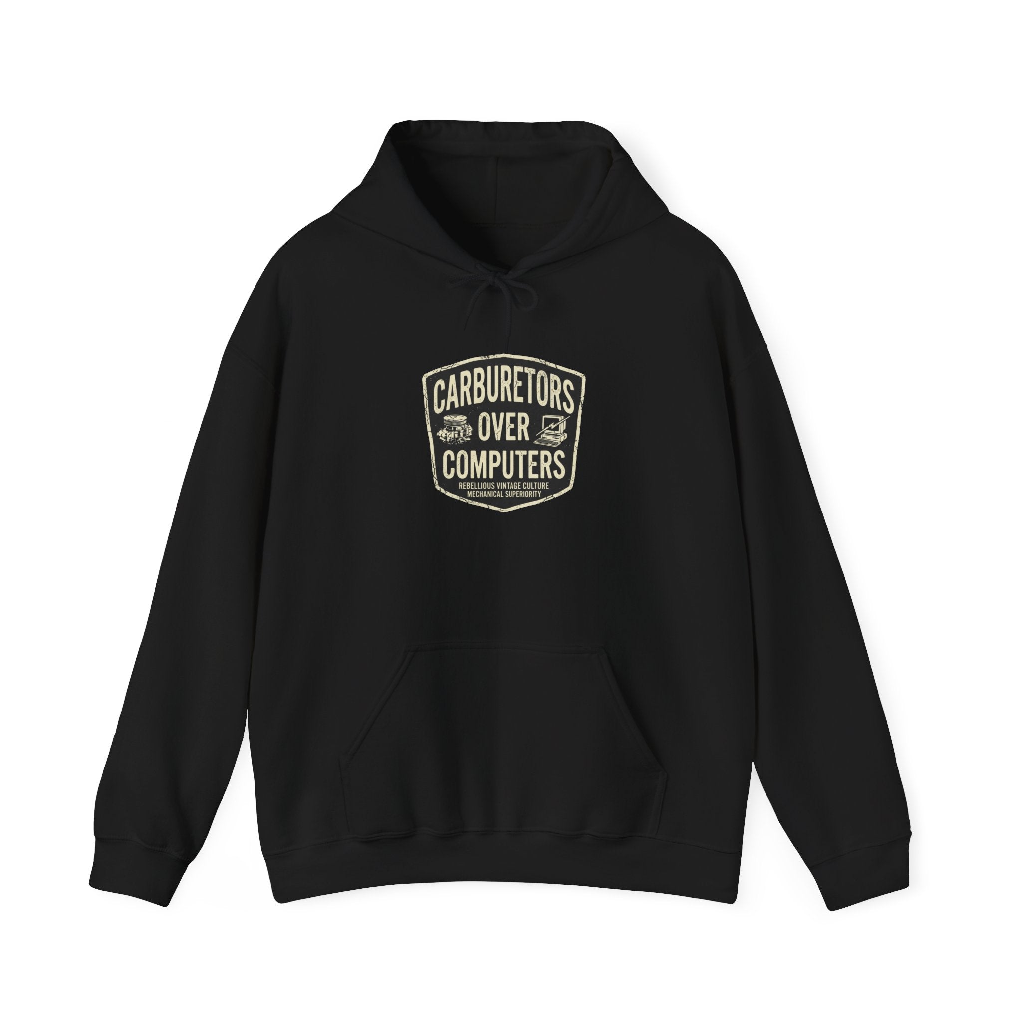 Carburetors Over Computers Hoodie — Vintage Mechanic Engine Enthusiast Pullover