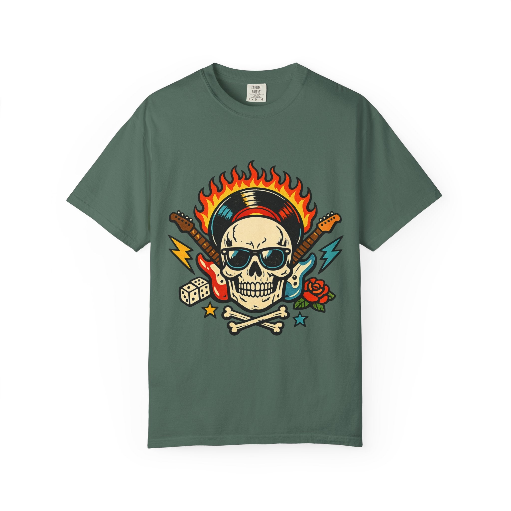 Rock Skull Graphic T-Shirt — Flaming Skull, Guitars & Dice Tattoo Art