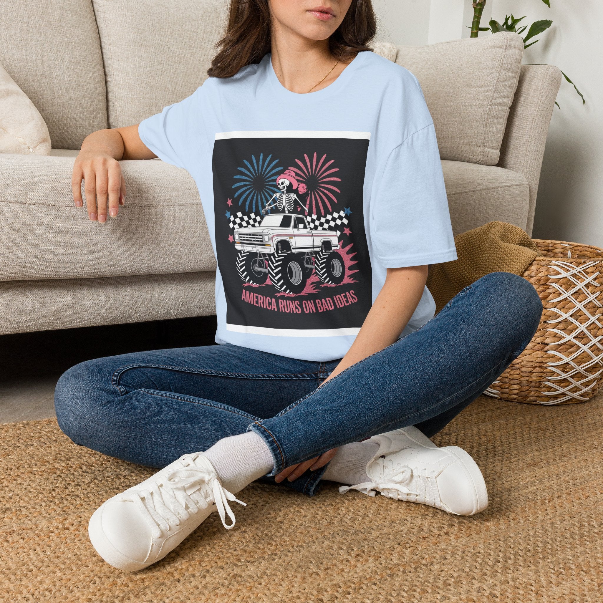 Fourth of July Monster Truck T‑Shirt — 'America Runs on Dad Jokes' Skeleton Design