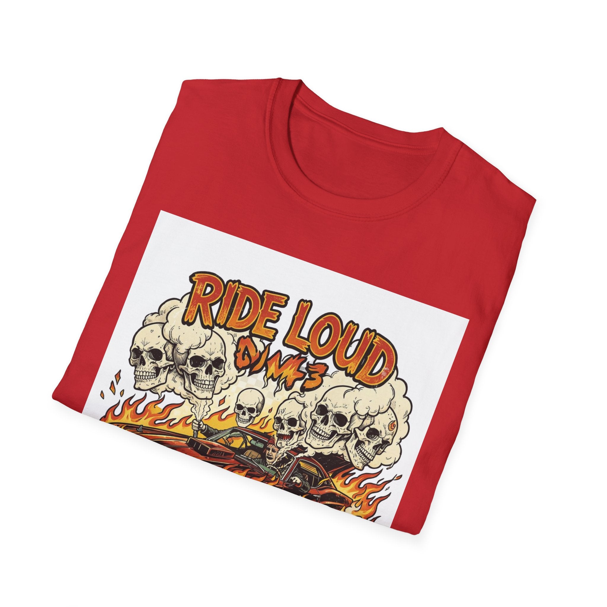 Ride Loud Die Dirty T-Shirt — Flaming Hot Rod with Skulls Moto Tee