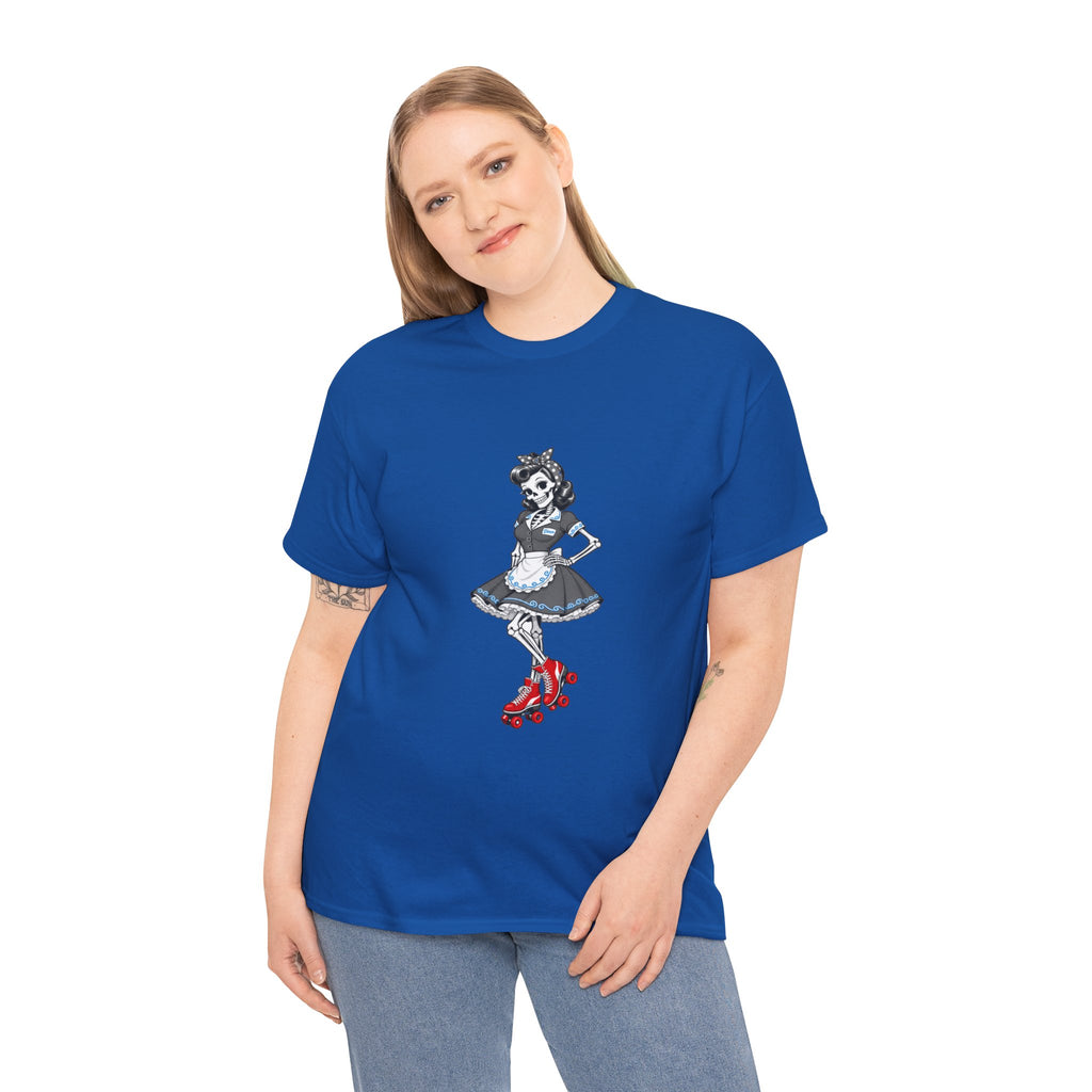 Vintage Gothic Doll T‑Shirt — Red Roller Skate Skeleton Girl Tee