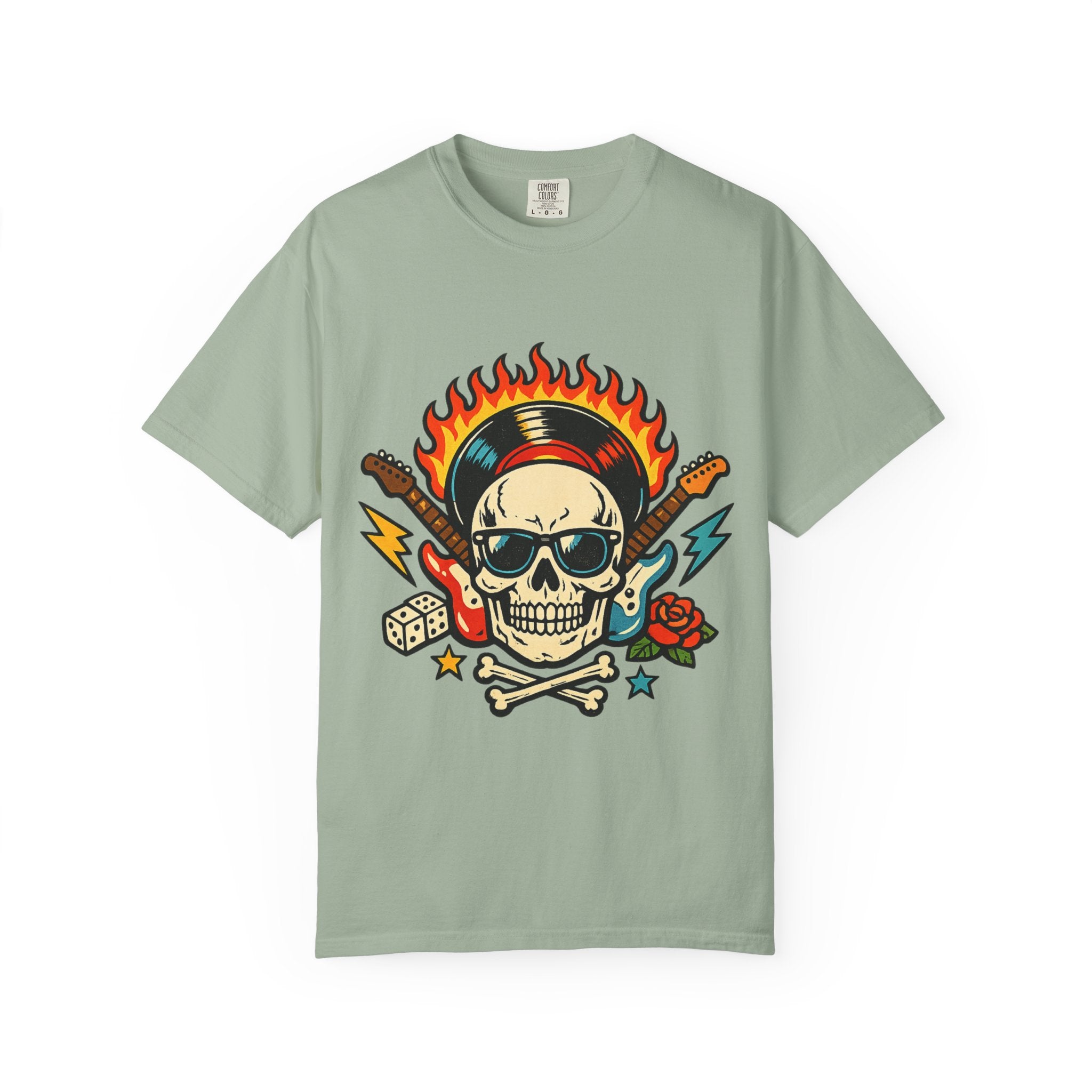 Rock Skull Graphic T-Shirt — Flaming Skull, Guitars & Dice Tattoo Art