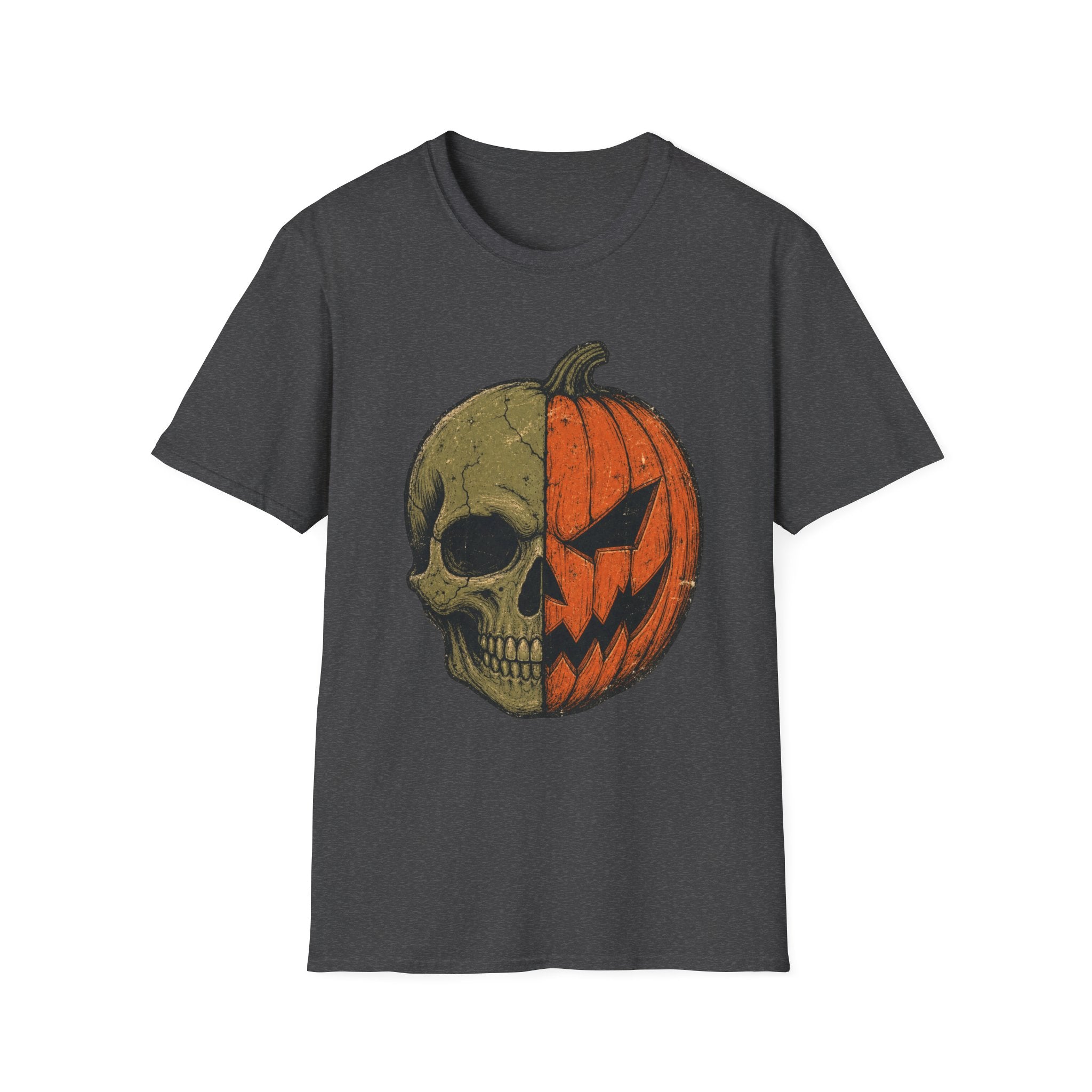 Pumpkin Skull T-Shirt — Half Jack-O’-Lantern Halloween Tee