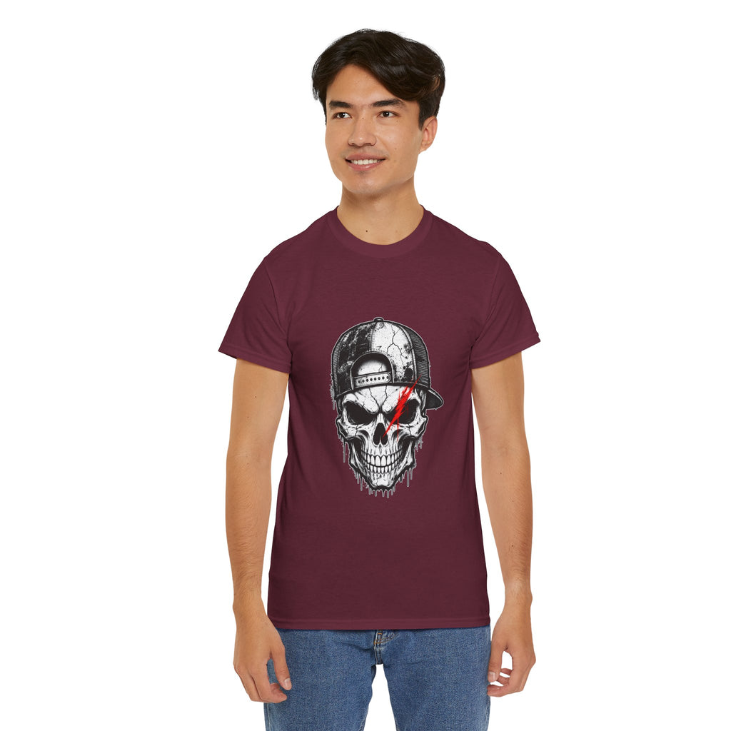 Skull Cap T-Shirt — Grunge Skull with Red Eye Slash Graphic