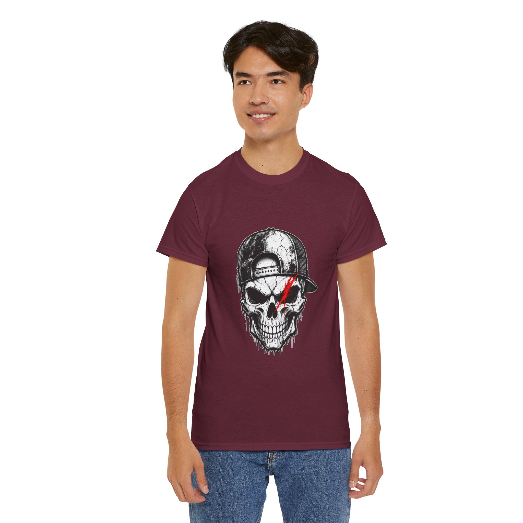 Skull Cap T-Shirt — Grunge Skull with Red Eye Slash Graphic