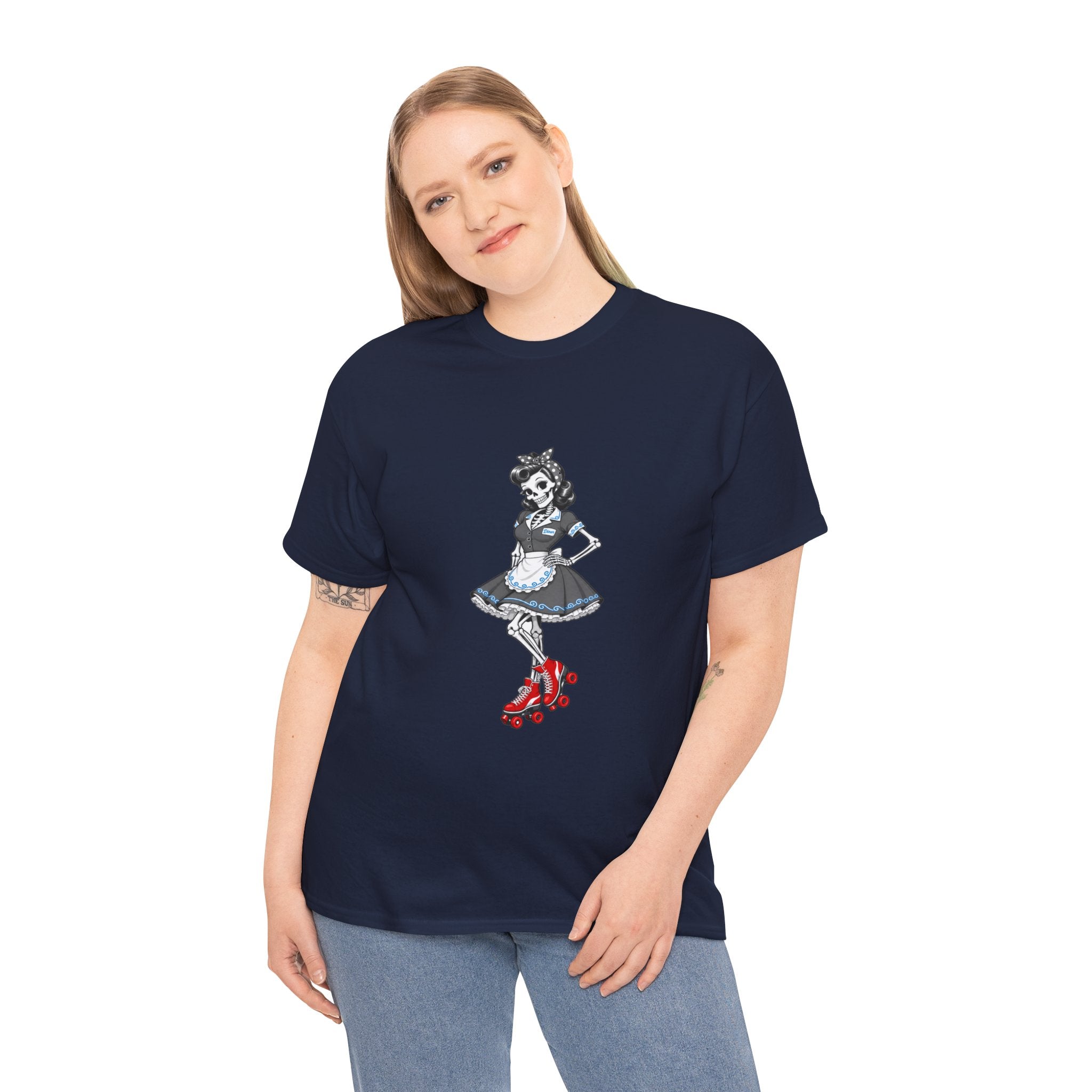Vintage Gothic Doll T‑Shirt — Red Roller Skate Skeleton Girl Tee