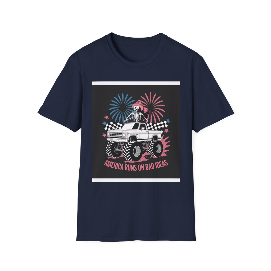 Fourth of July Monster Truck T‑Shirt — 'America Runs on Dad Jokes' Skeleton Design