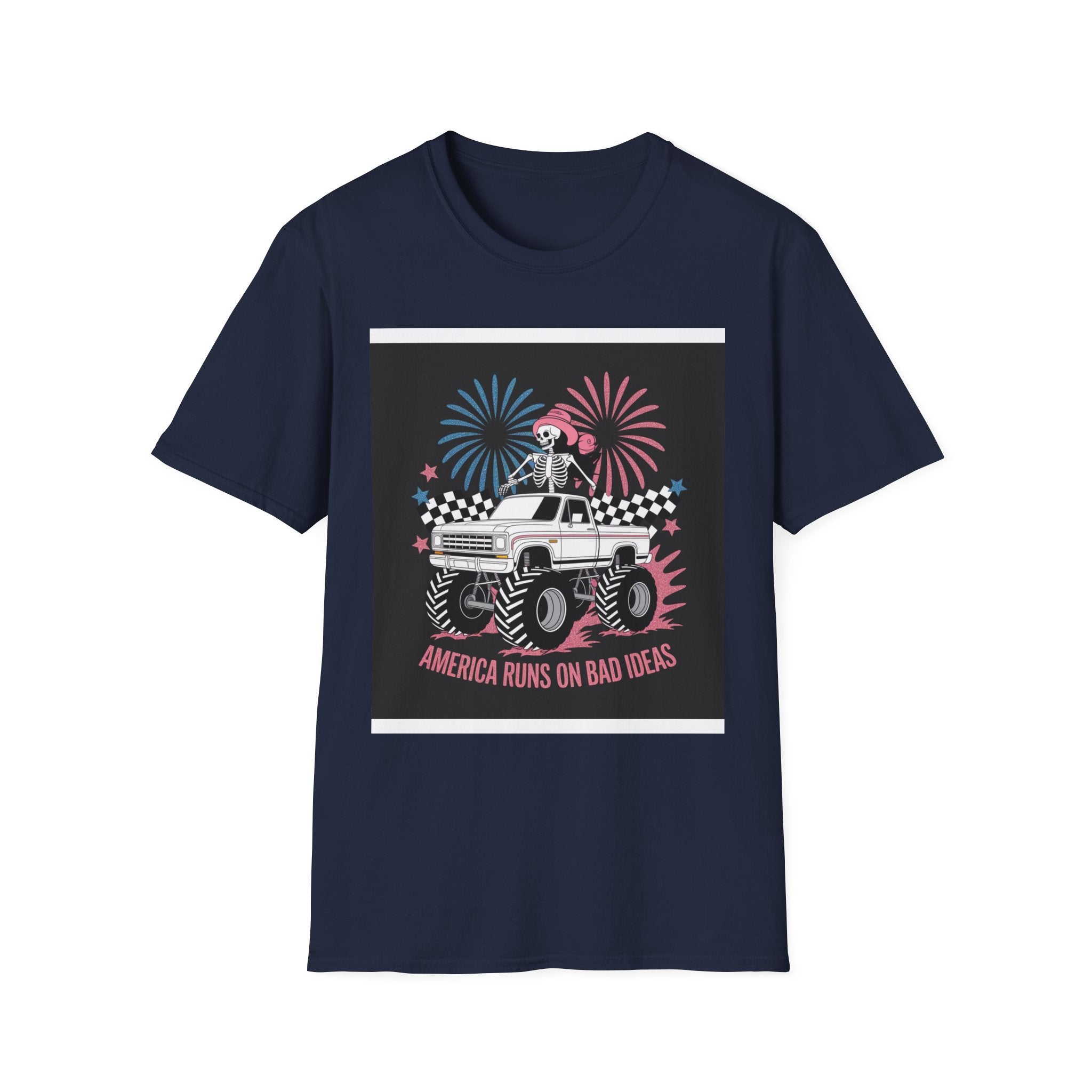 Fourth of July Monster Truck T‑Shirt — 'America Runs on Dad Jokes' Skeleton Design