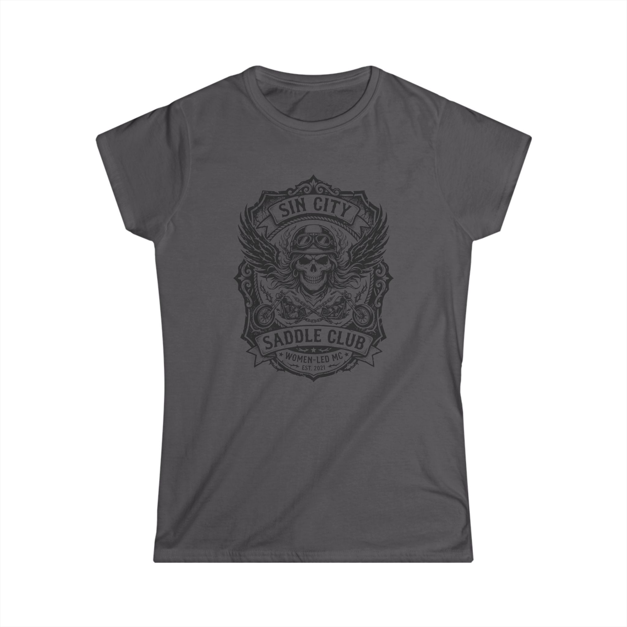 Sin City Saddle Club Skull Tee — Women's Biker Graphic T-Shirt