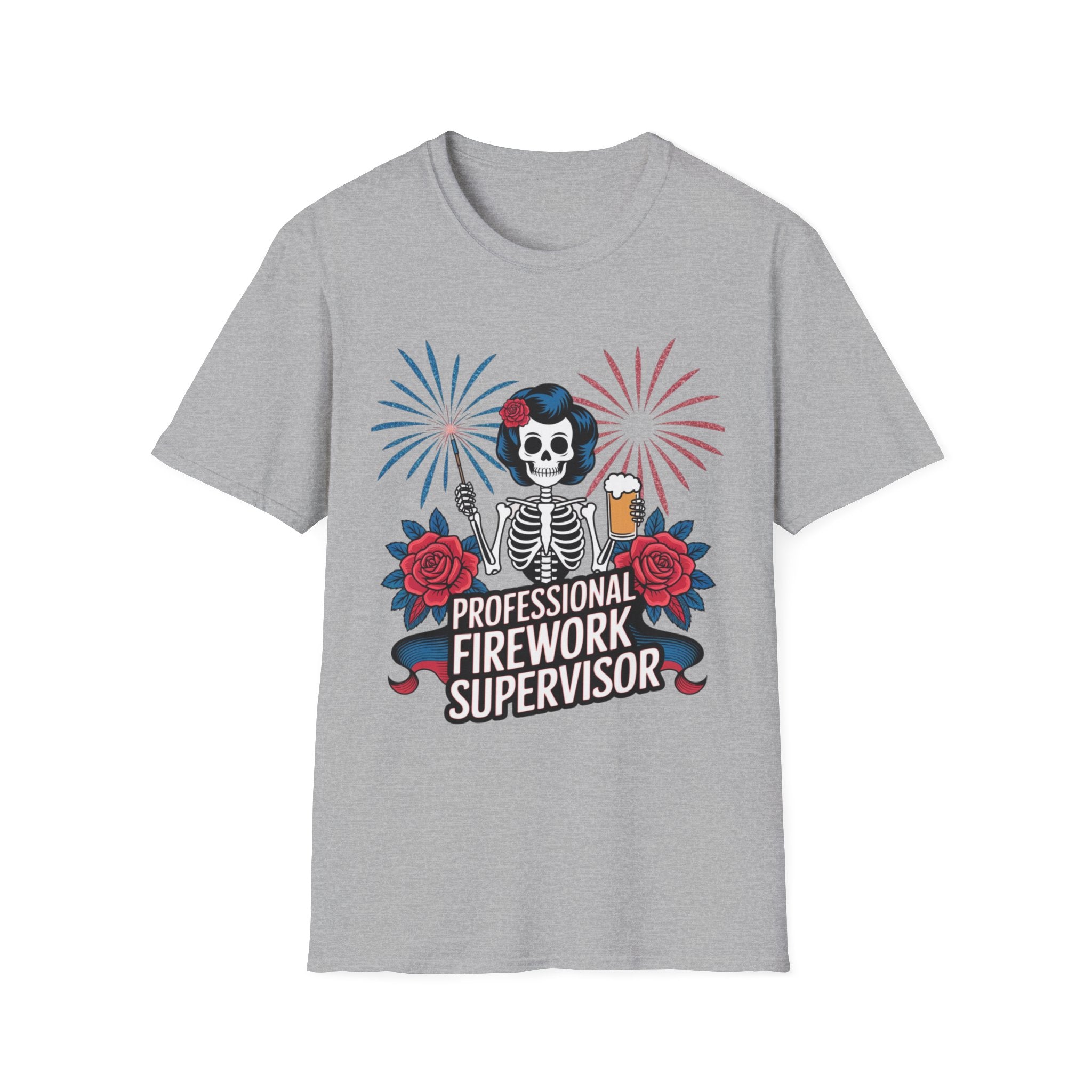 Professional Firework Supervisor T-Shirt — Patriotic Skeleton with Beer & Fireworks