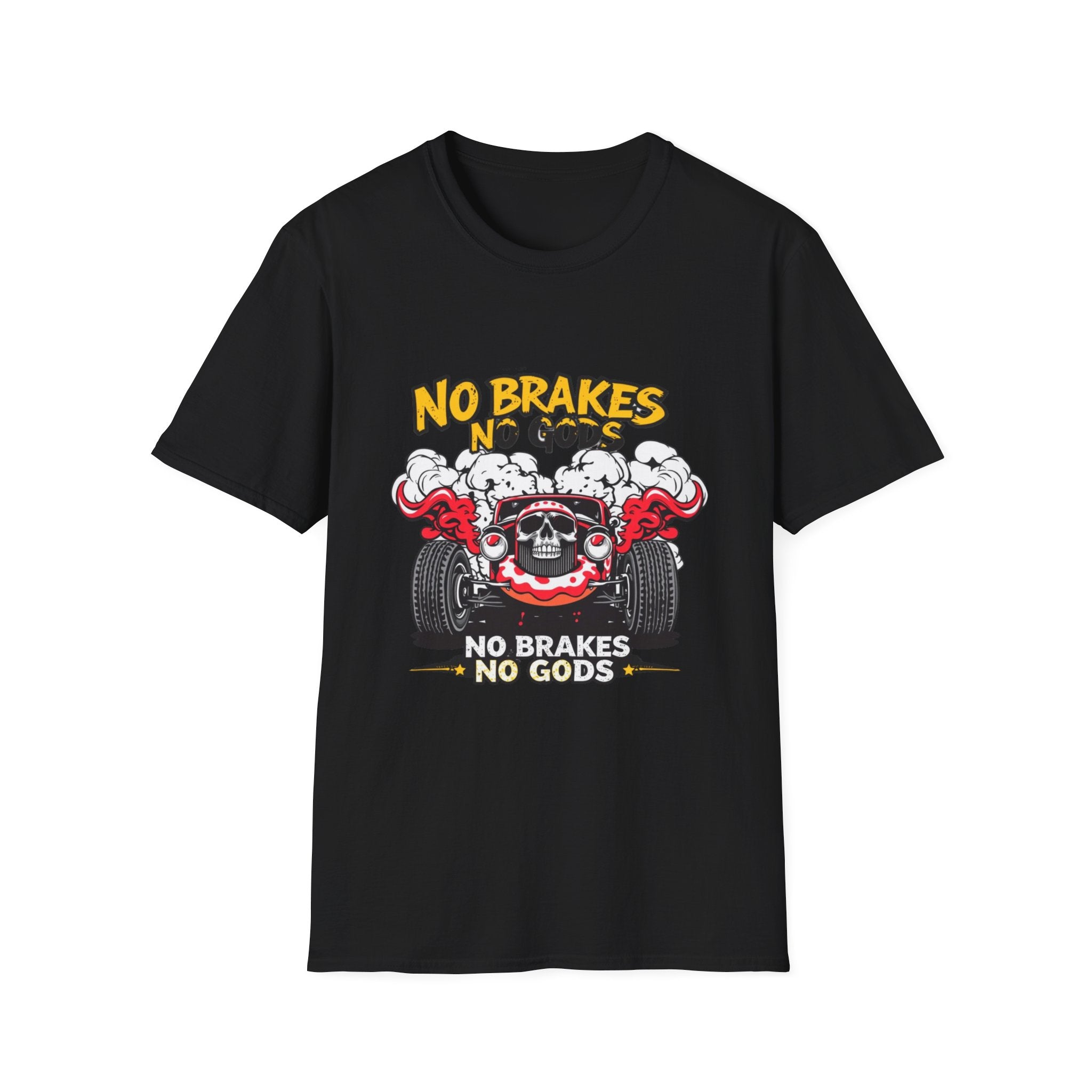 No Brakes No Gods Graphic T-Shirt — Vintage Skull Hot Rod Racing Tee