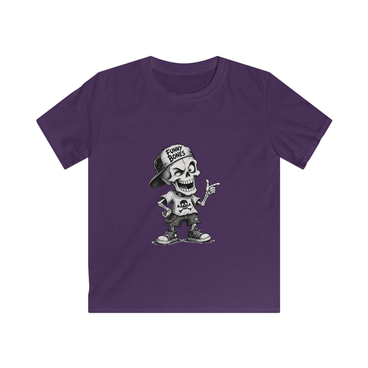 Kids T‑Shirt — Skateboard Skeleton Graphic "Funny Bones"