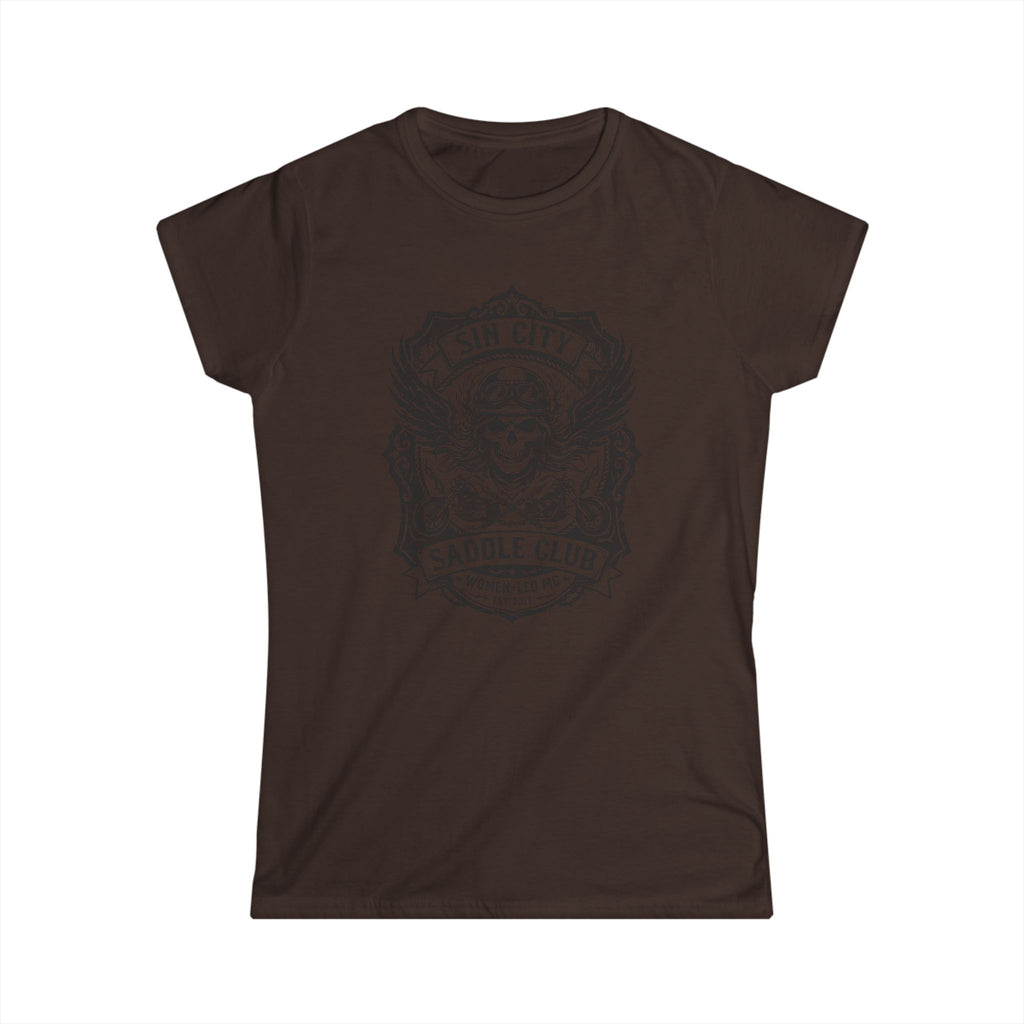 Sin City Saddle Club Skull Tee — Women's Biker Graphic T-Shirt