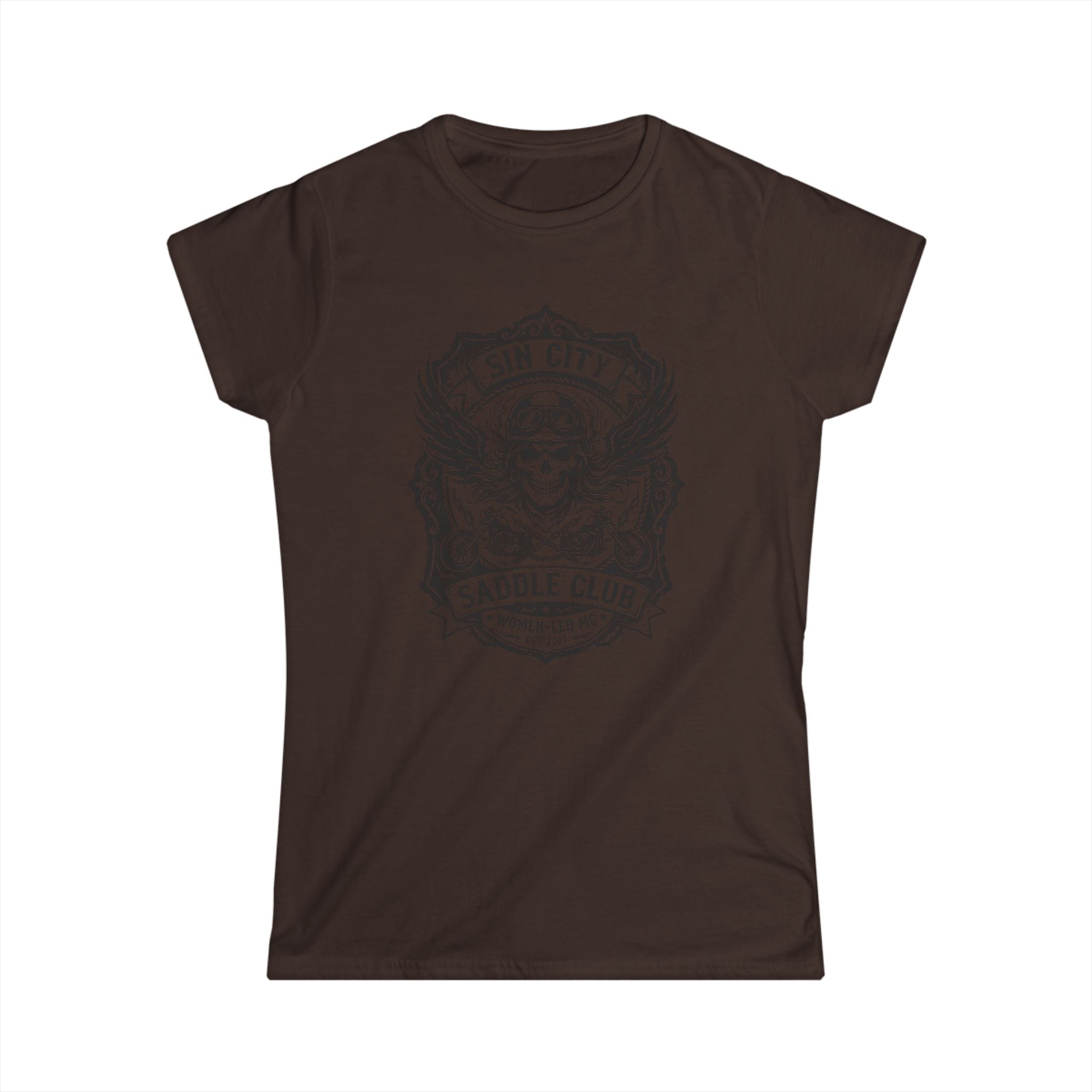 Sin City Saddle Club Skull Tee — Women's Biker Graphic T-Shirt