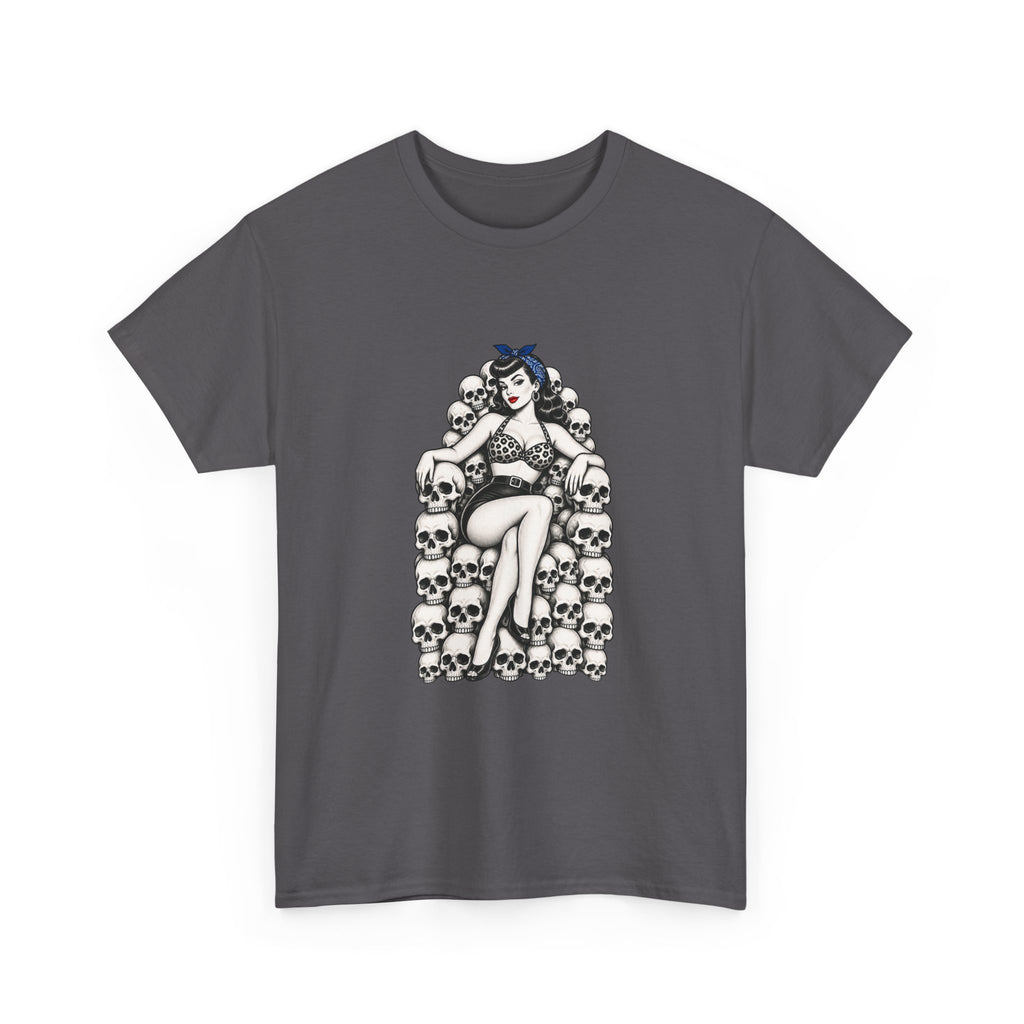 Skull Throne Pin-Up T-Shirt — Retro Goth Rockabilly Tee