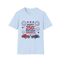 Happy 250th Birthday America T-Shirt — Patriotic Fireworks & Classic Trucks
