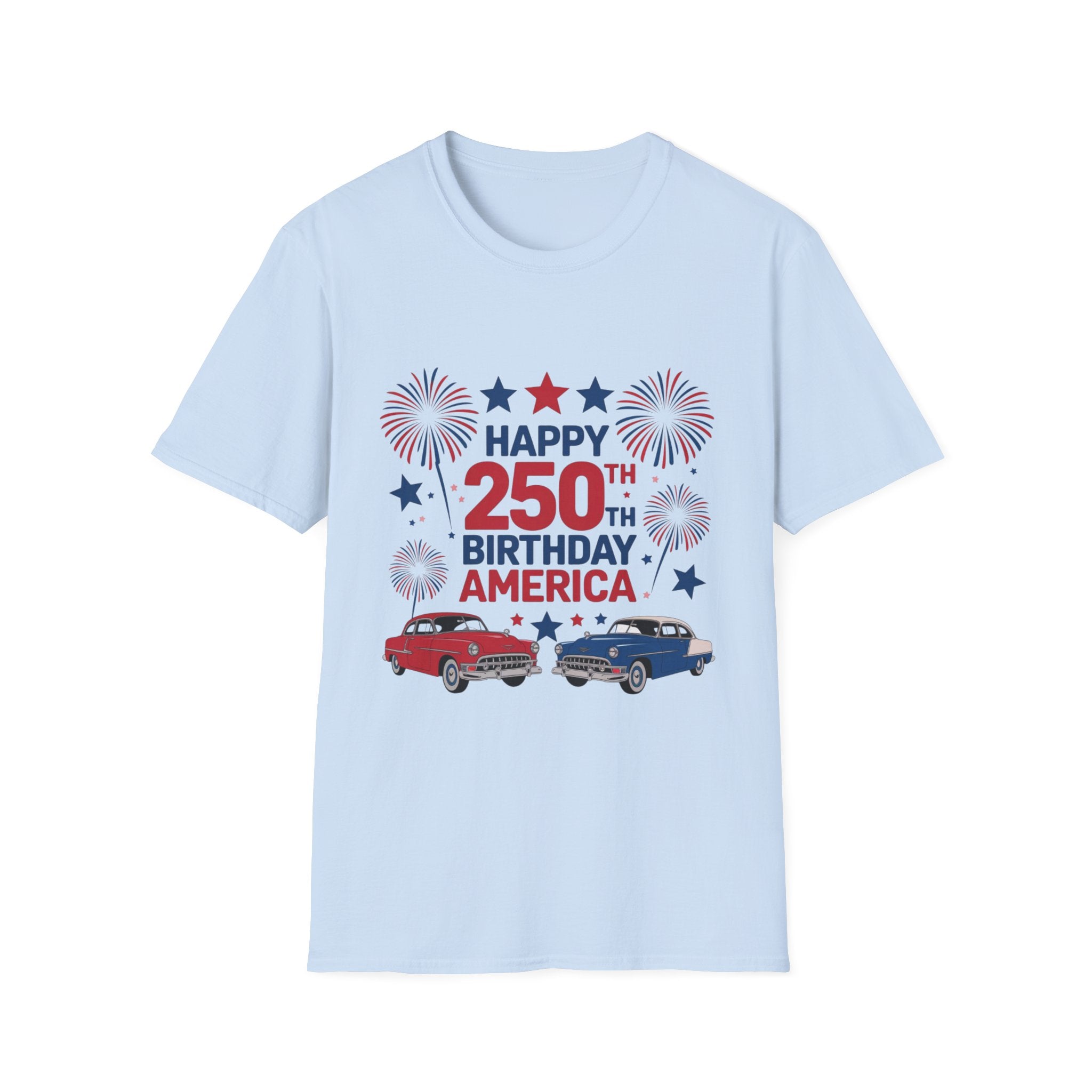 Happy 250th Birthday America T-Shirt — Patriotic Fireworks & Classic Trucks