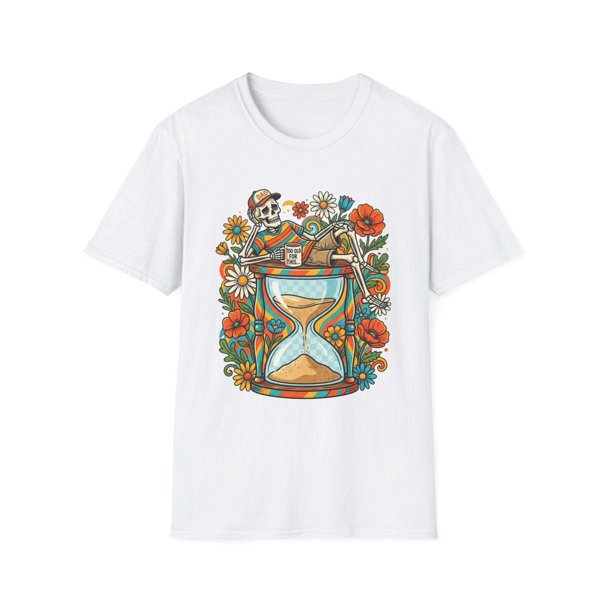 Skeleton Hourglass T-Shirt — Relaxed Skull & Flowers Retro Graphic Tee