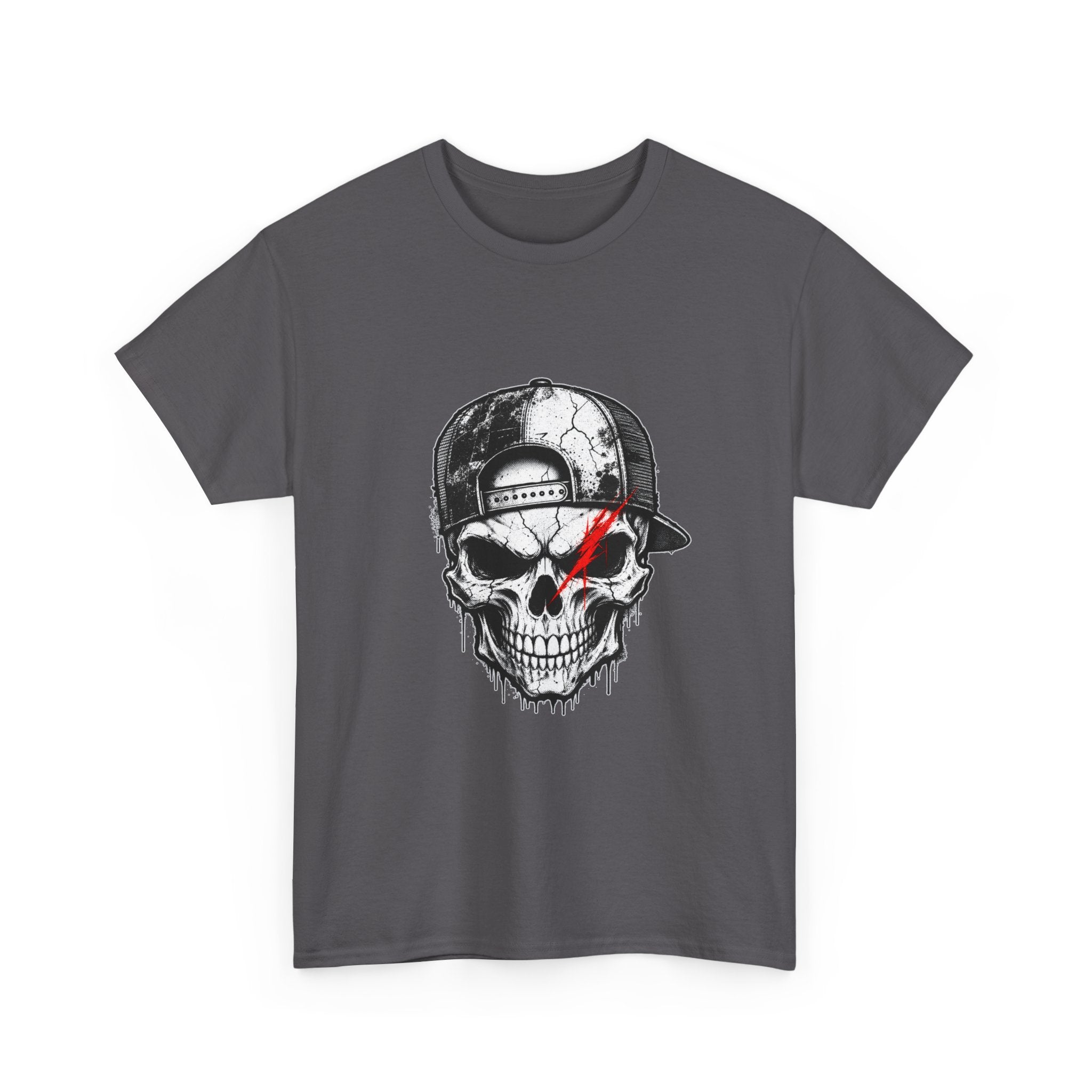 Skull Cap T-Shirt — Grunge Skull with Red Eye Slash Graphic