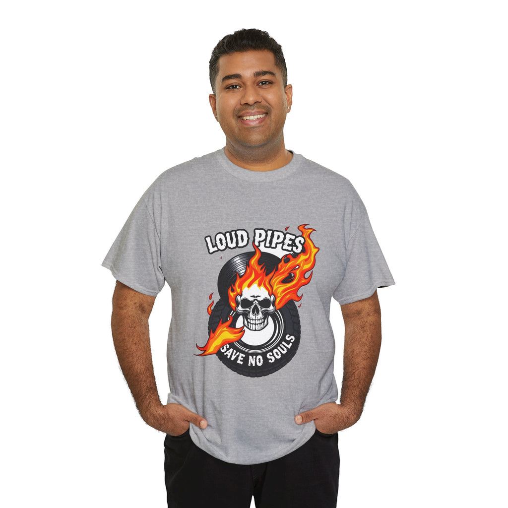Loud Pipes Save No Souls Graphic Tee — Flaming Skull Vinyl Shirt