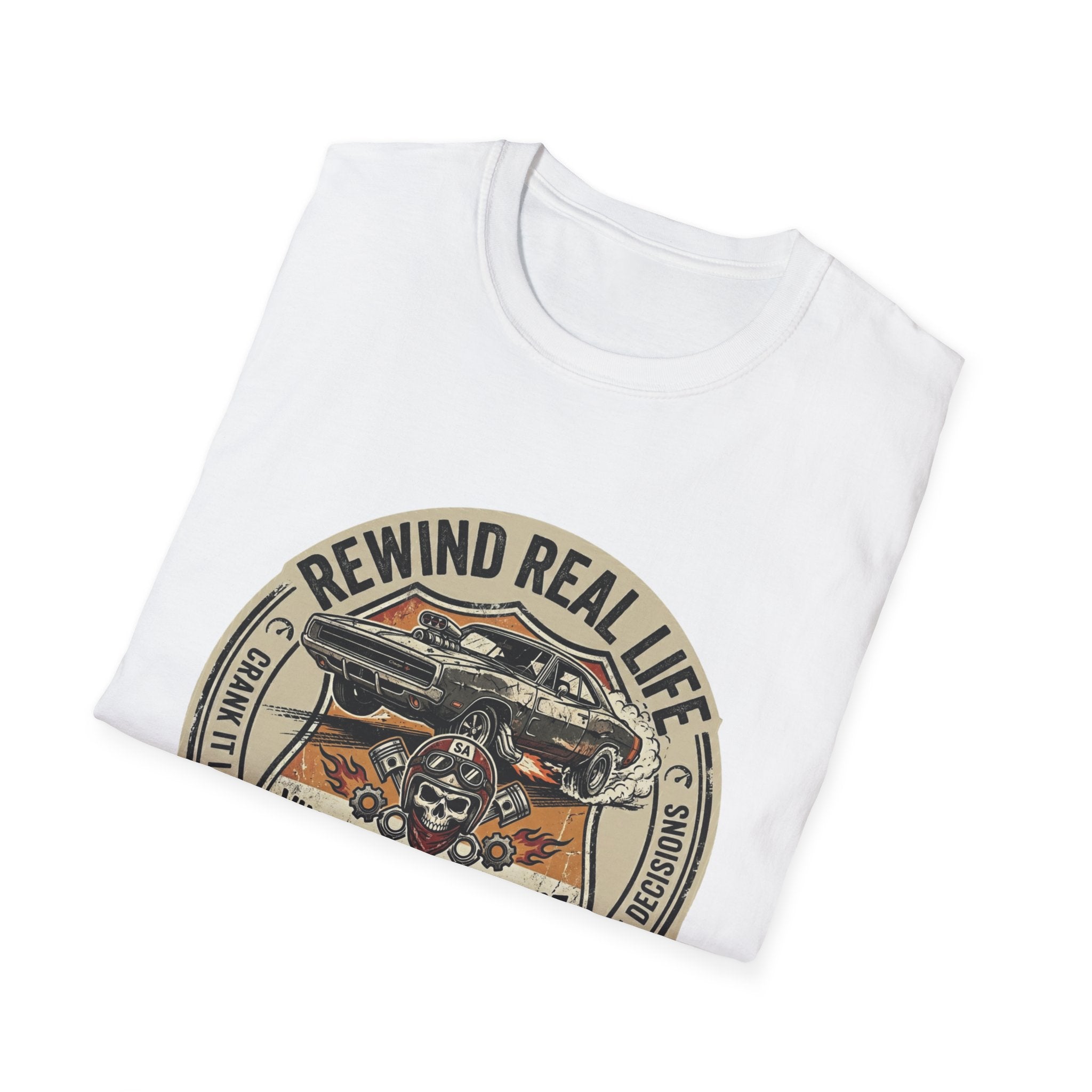 Vintage Muscle Car T-Shirt – "Rewind Real Life" Retro Speed Addict Graphic