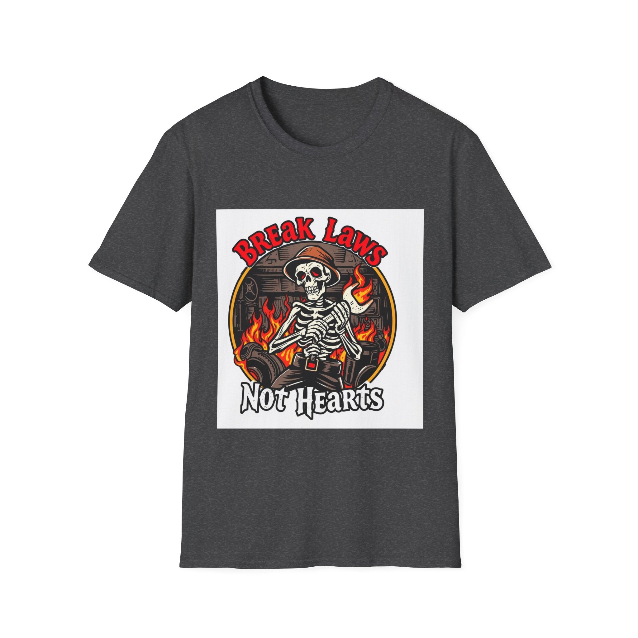 Break Laws Not Hearts Skeleton Flame Graphic T-Shirt