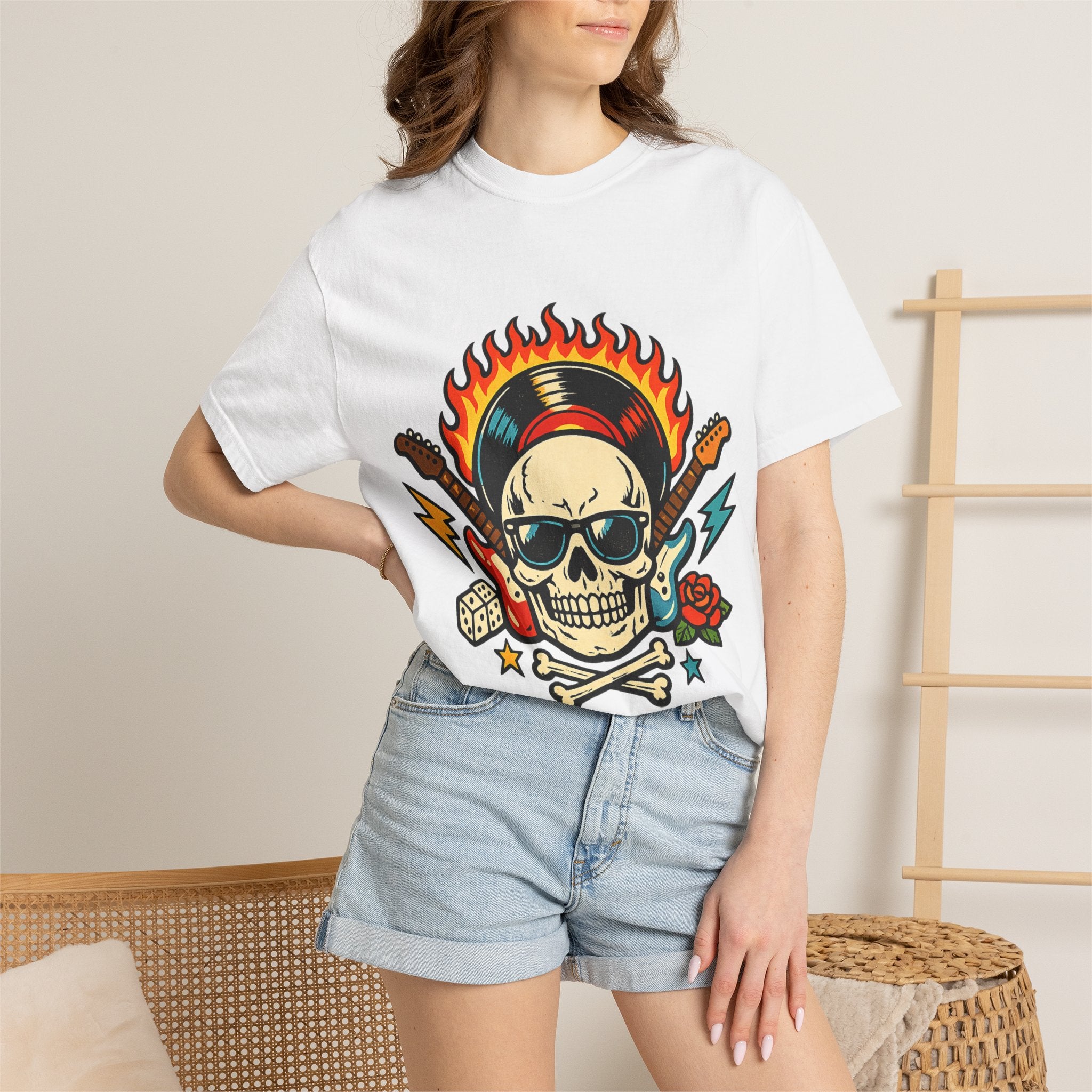 Rock Skull Graphic T-Shirt — Flaming Skull, Guitars & Dice Tattoo Art