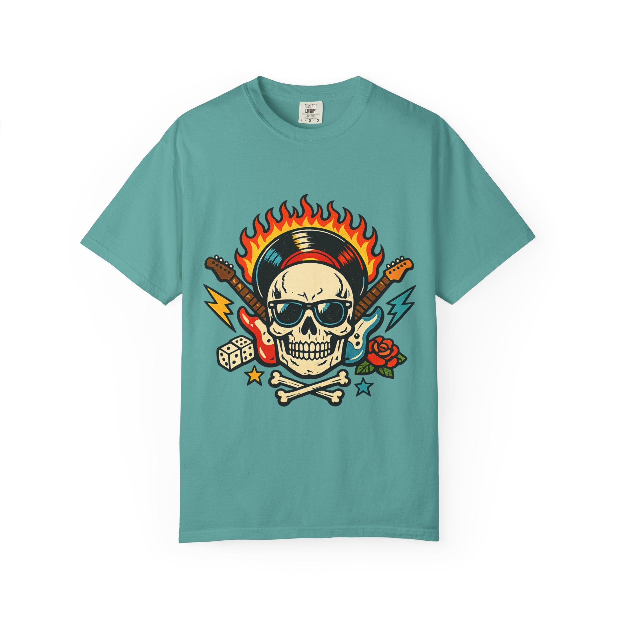 Rock Skull Graphic T-Shirt — Flaming Skull, Guitars & Dice Tattoo Art
