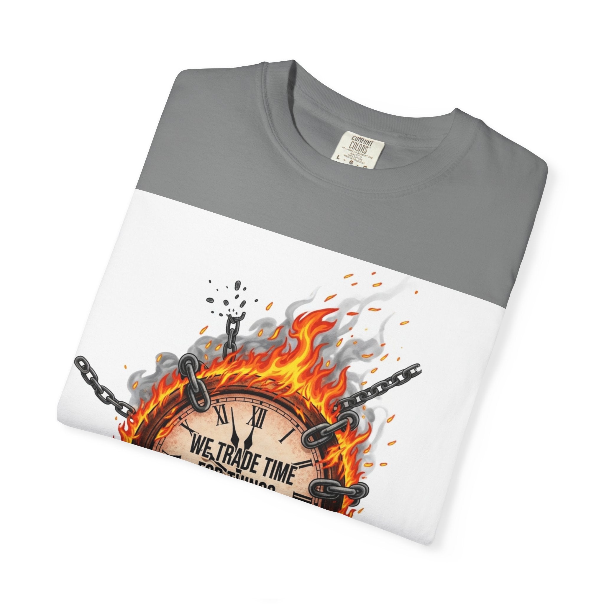 Burning Wheel Graphic T-Shirt — "We Trade Time for Things We Don't Need"