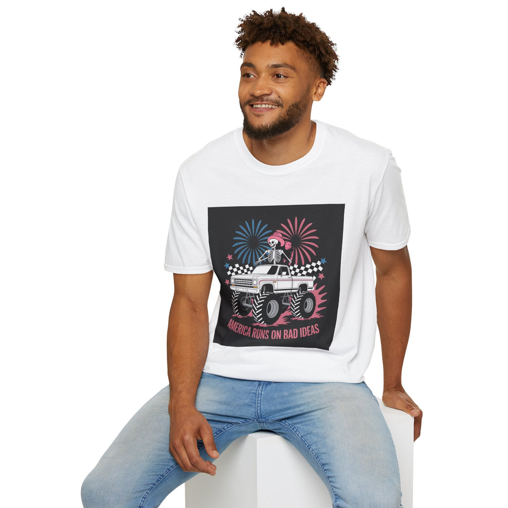 Fourth of July Monster Truck T‑Shirt — 'America Runs on Dad Jokes' Skeleton Design