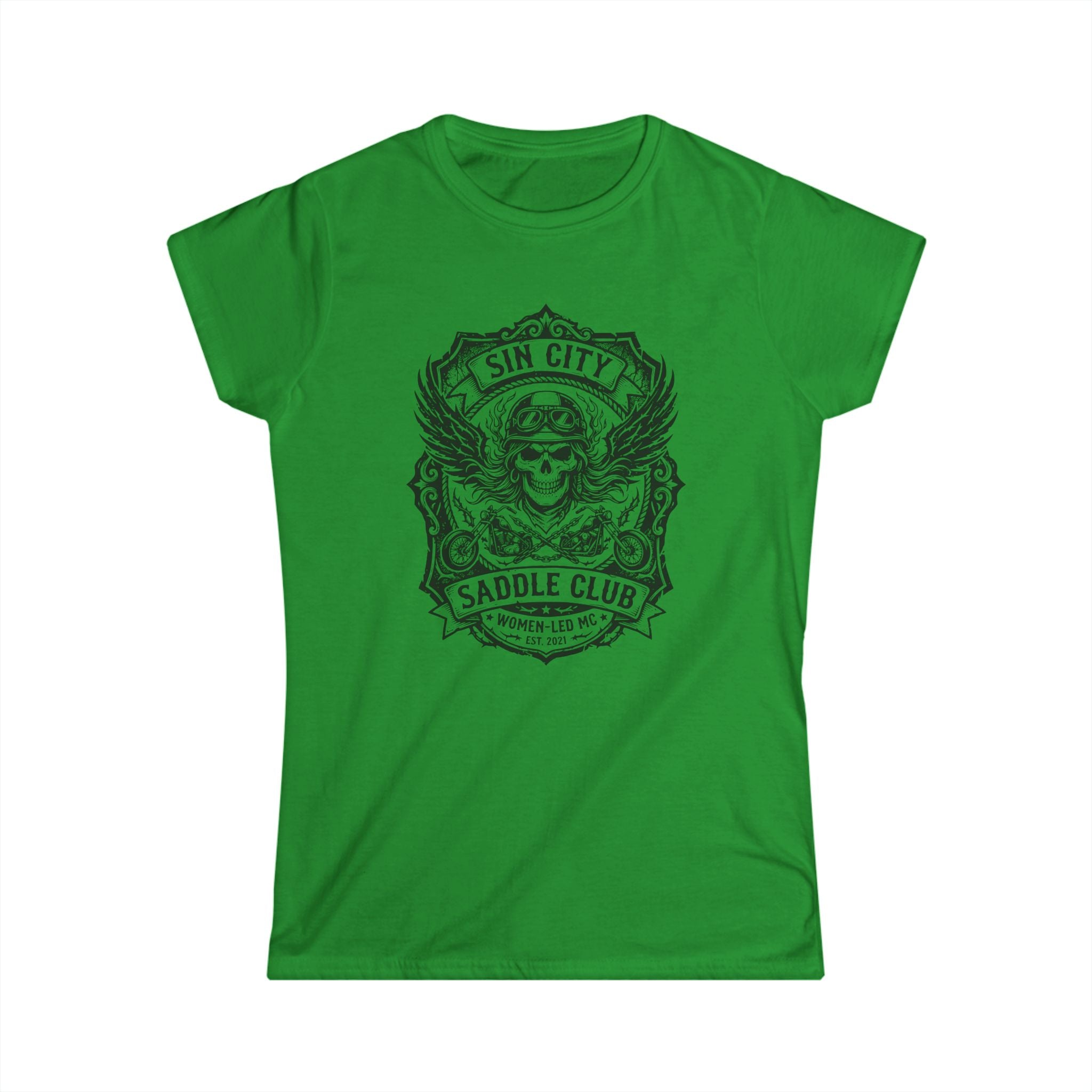 Sin City Saddle Club Skull Tee — Women's Biker Graphic T-Shirt