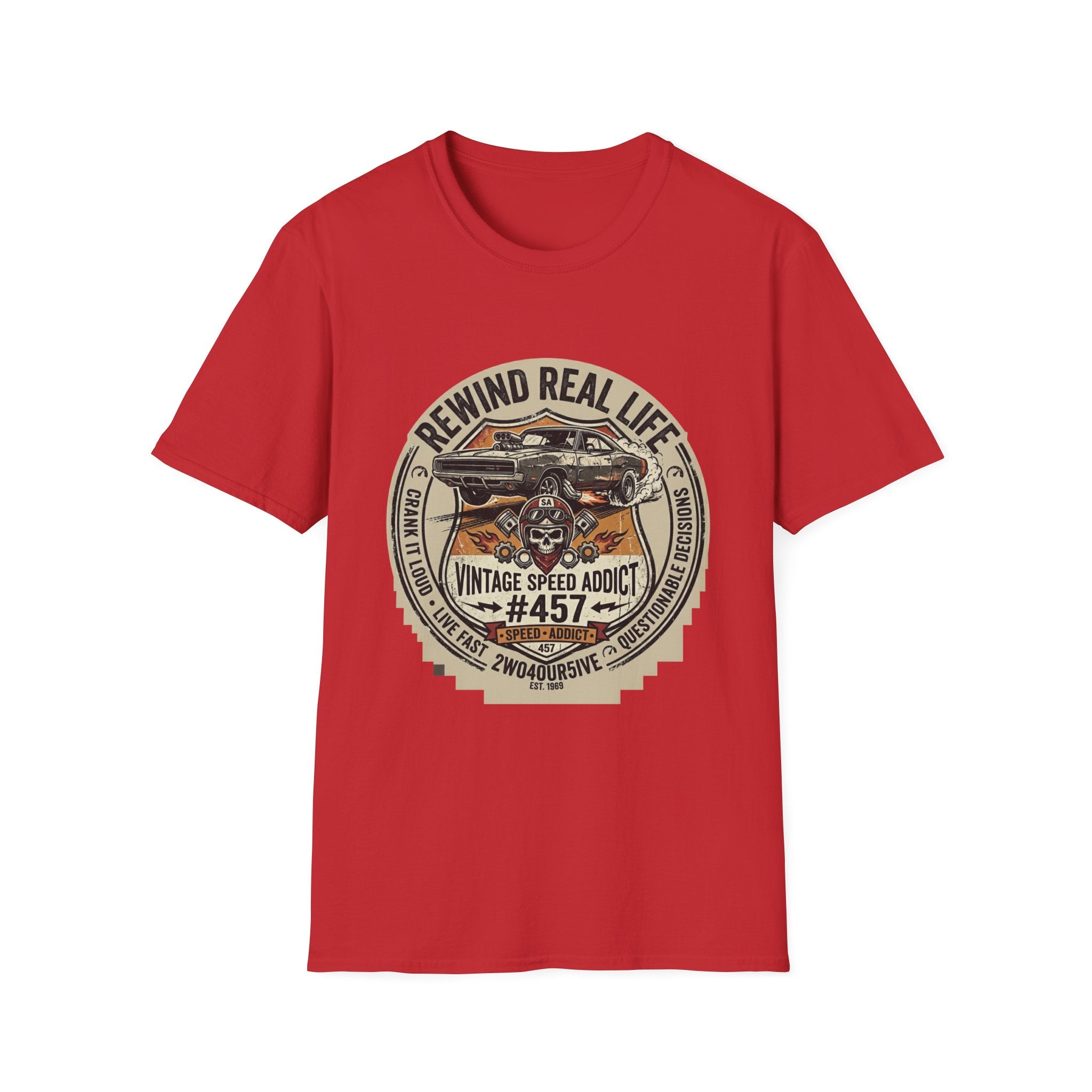 Vintage Muscle Car T-Shirt – "Rewind Real Life" Retro Speed Addict Graphic